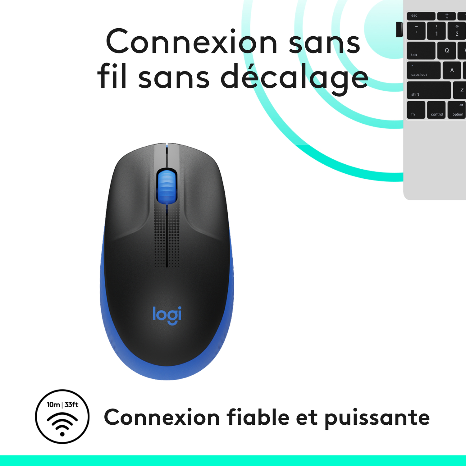 Une souris d'ordinateur noire et bleue à côté d'un clavier d'ordinateur portable.