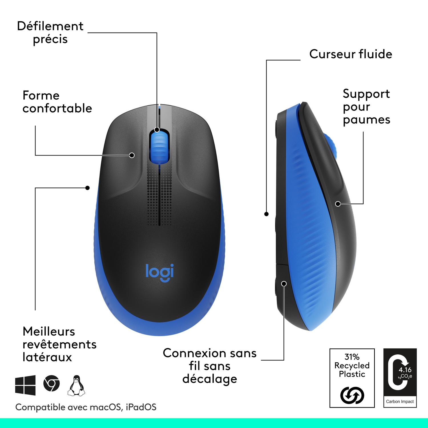 Une souris sans fil noire et bleue avec des descriptions. Fond blanc.