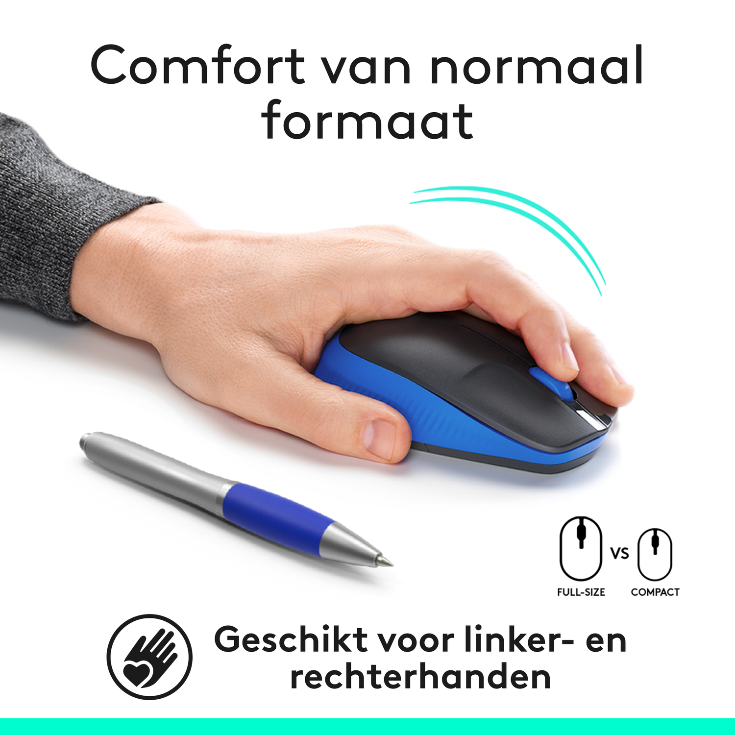 Hand holding blue-black mouse with a pen. Text: Suitable for left and right hands.