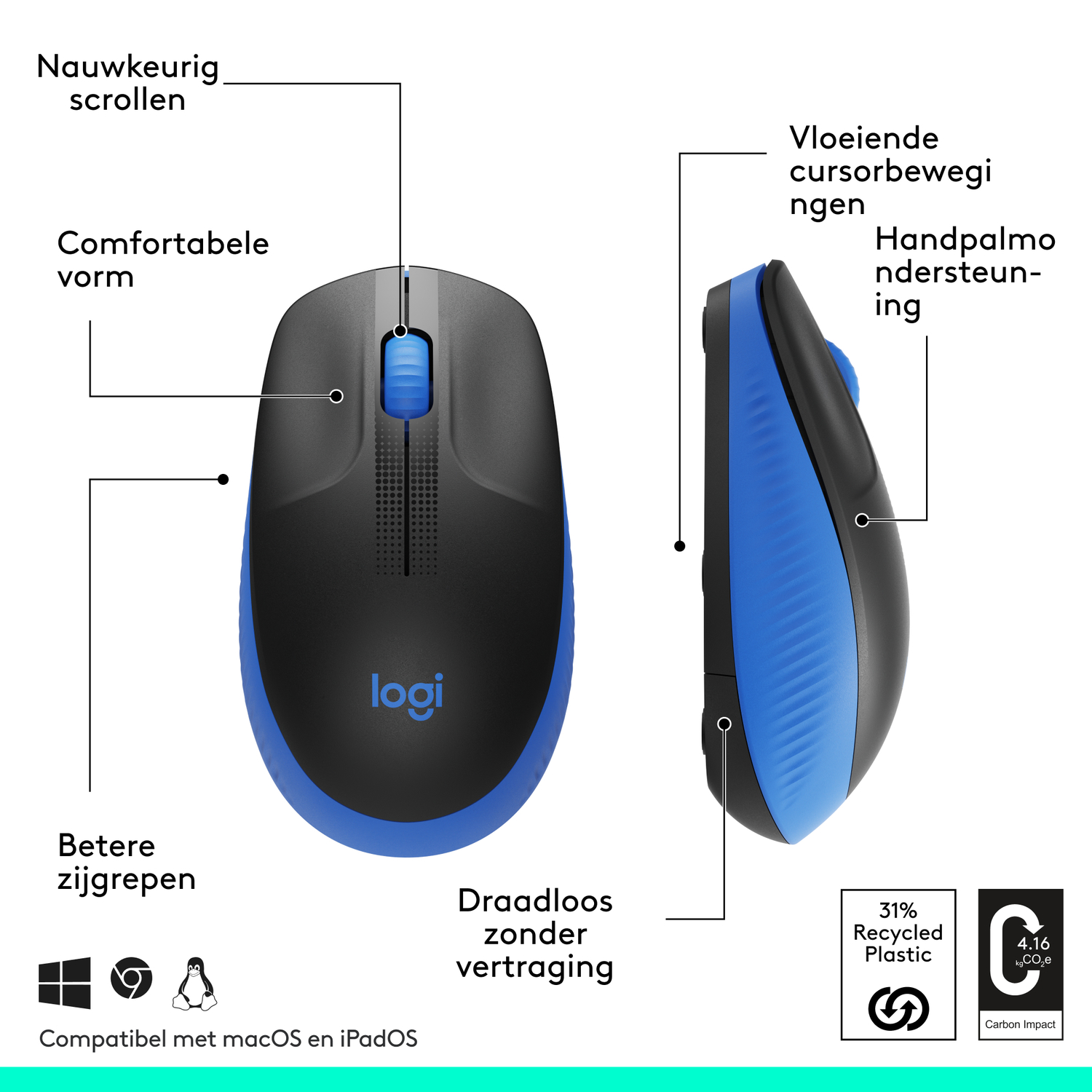 A black and blue wireless mouse with labels pointing to different parts.