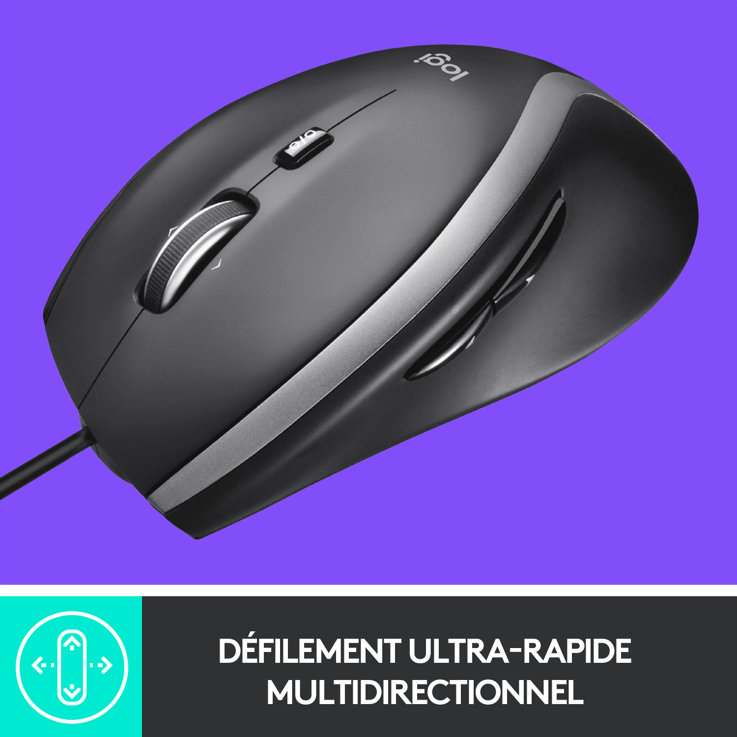 Une souris d'ordinateur noire et argentée avec une molette, sur fond violet.