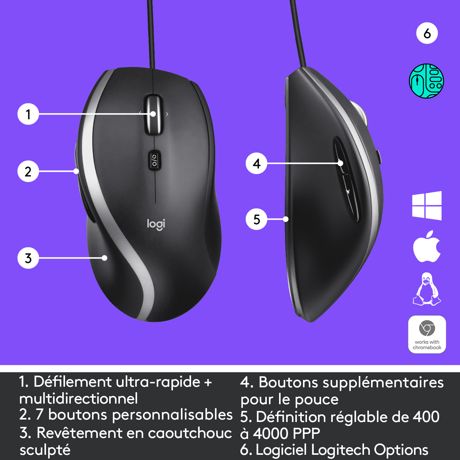 Souris ergonomique Logitech, noire avec détails argentés, avec fonctions étiquetées.