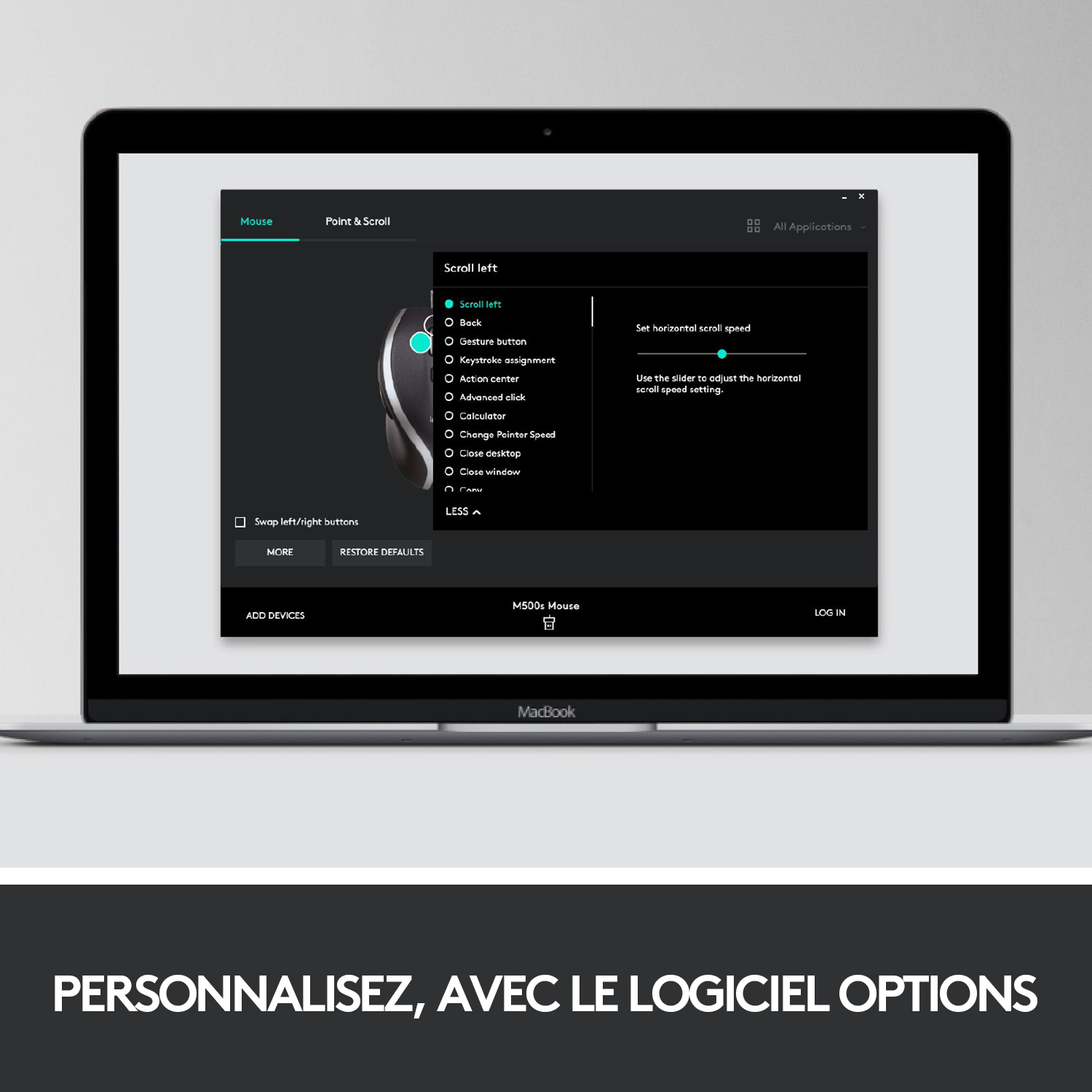 Écran d'ordinateur portable affichant les paramètres de la souris. Texte : PERSONNALISEZ, AVEC LES OPTIONS LOGICIELLES.