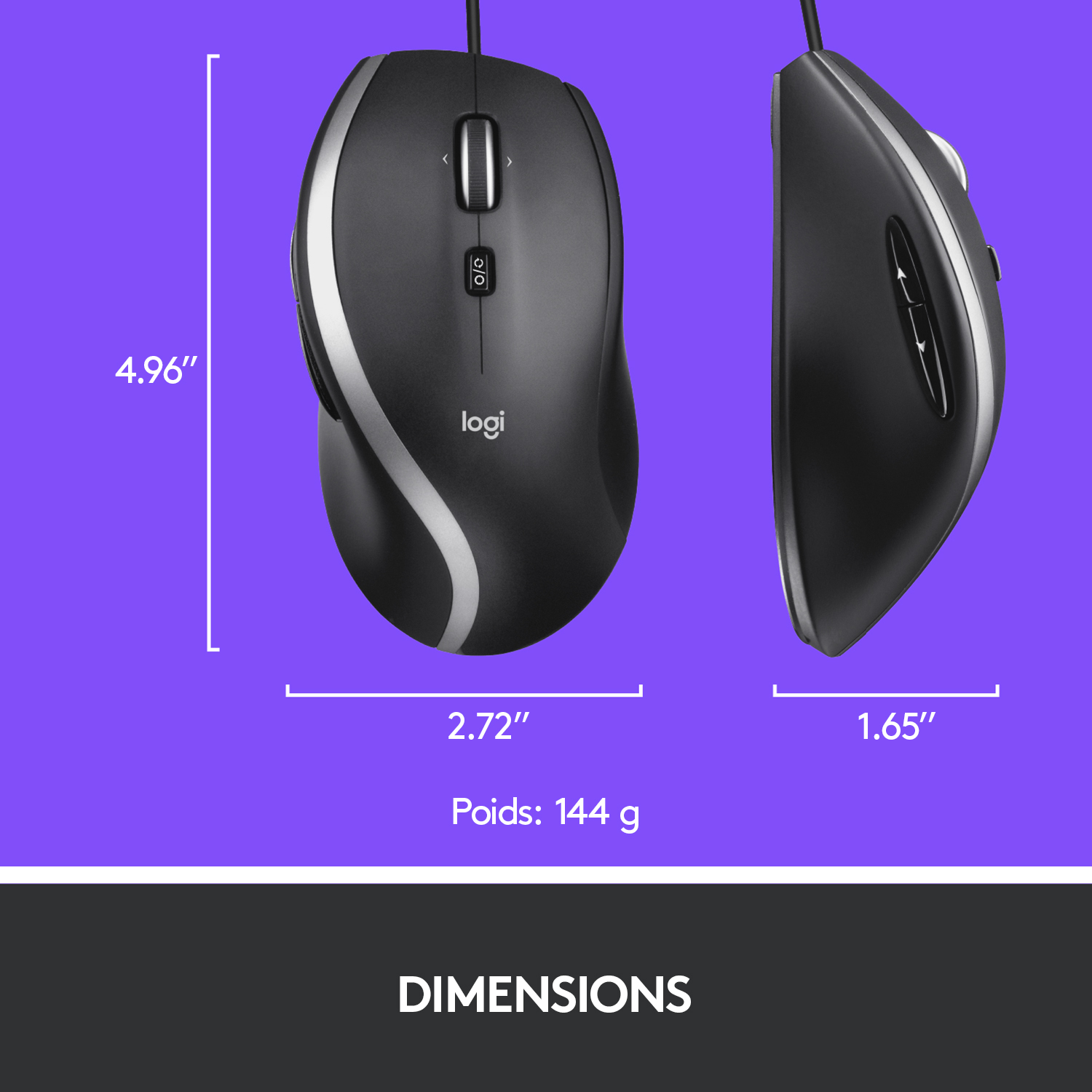 Souris d'ordinateur noire et argentée, avec dimensions et poids sur fond violet.