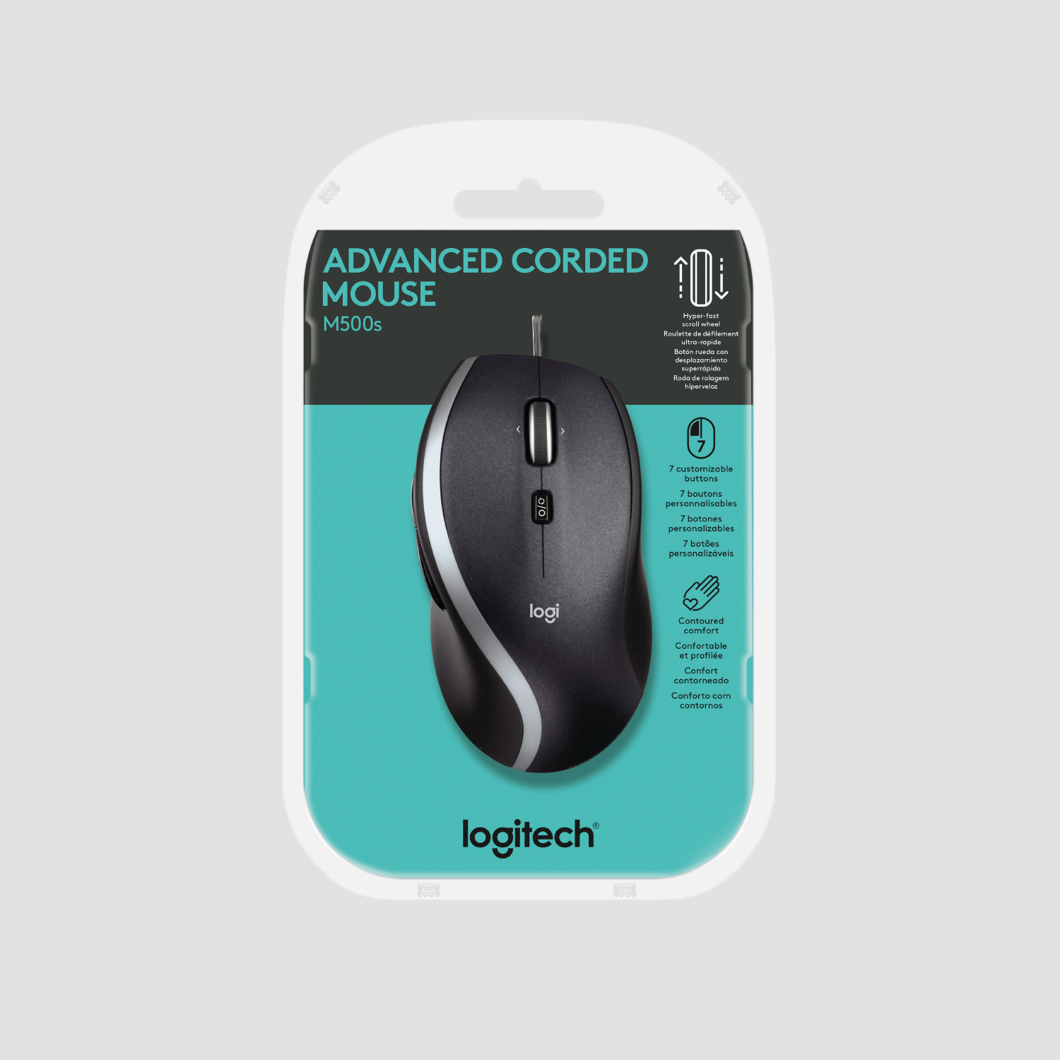 Mouse in box: black, silver accents. Logitech logo, advanced corded.