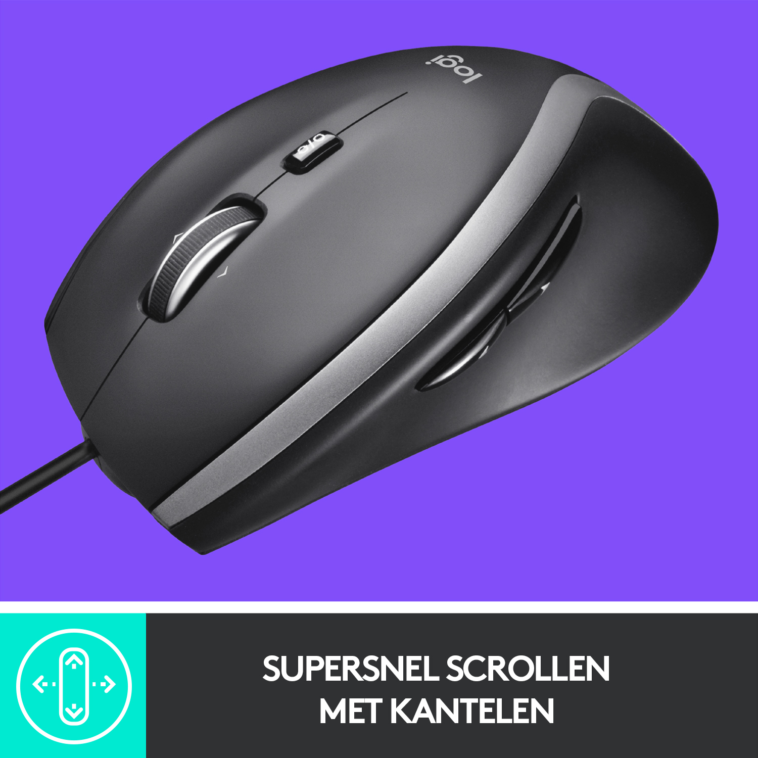 Black and gray Logi mouse with scroll wheel and side buttons.