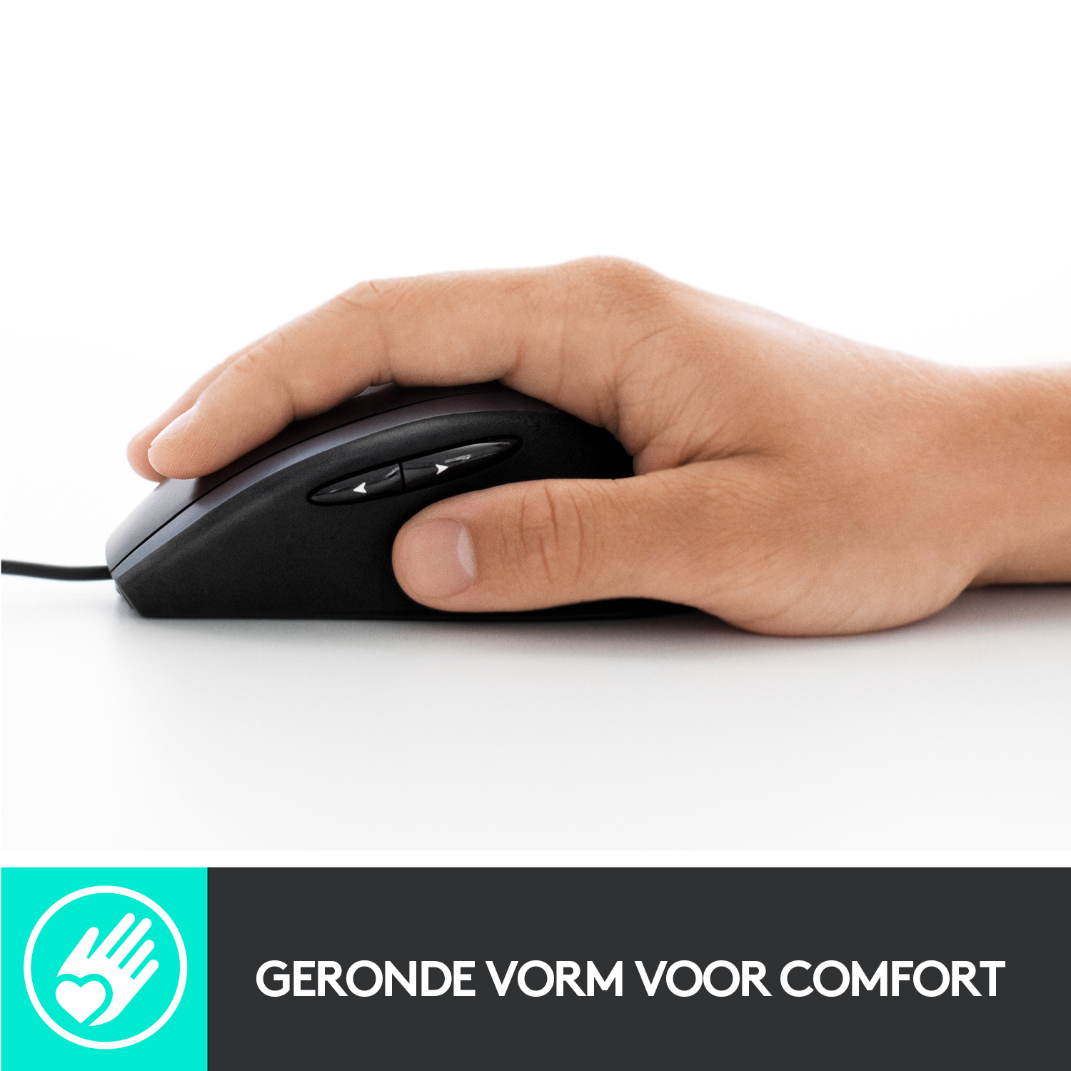 Hand on a black mouse on a white surface. Text: ROUNDED SHAPE FOR COMFORT.