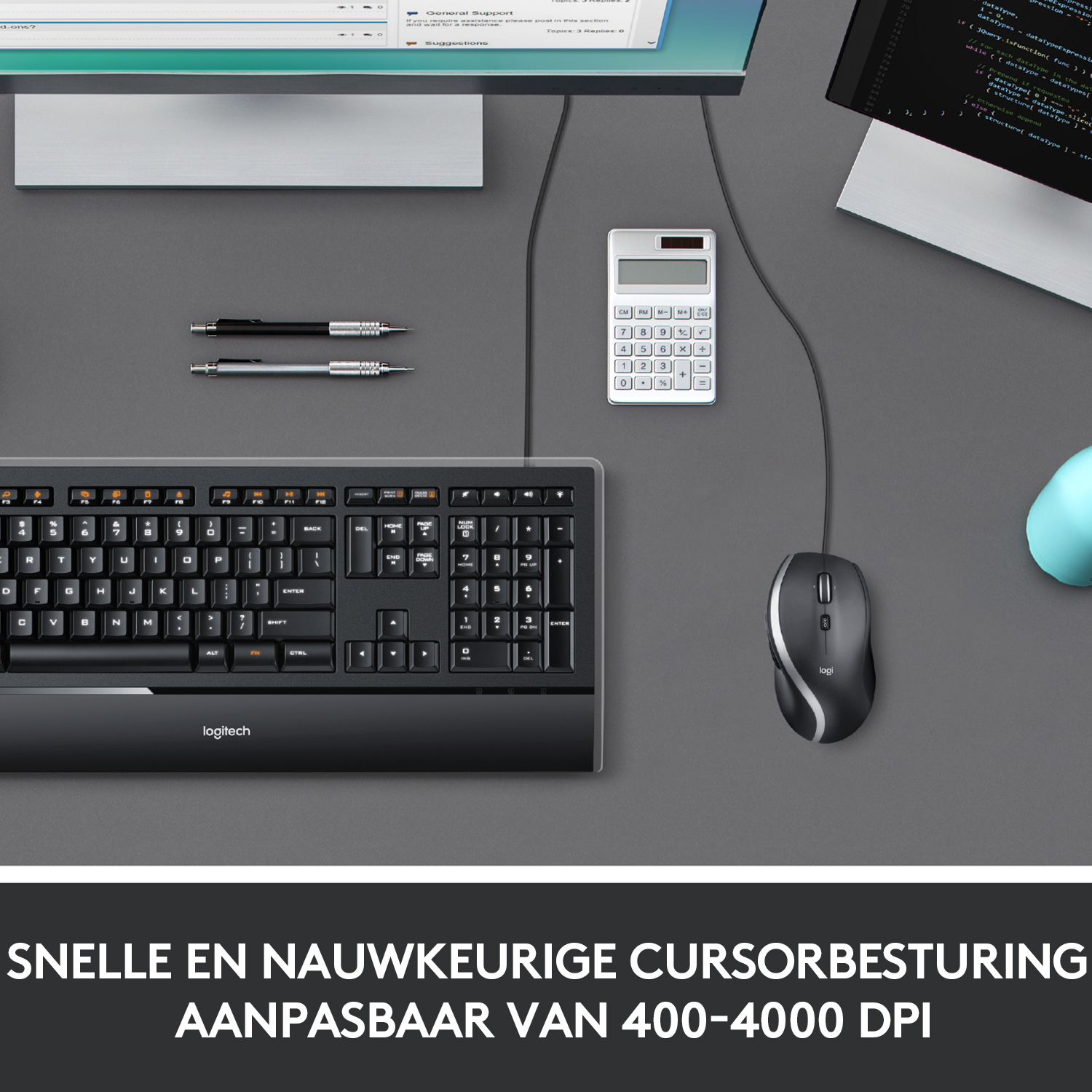Keyboard, mouse, calculator and pens on a gray desk. Text: FAST AND PRECISE CURSOR CONTROL.