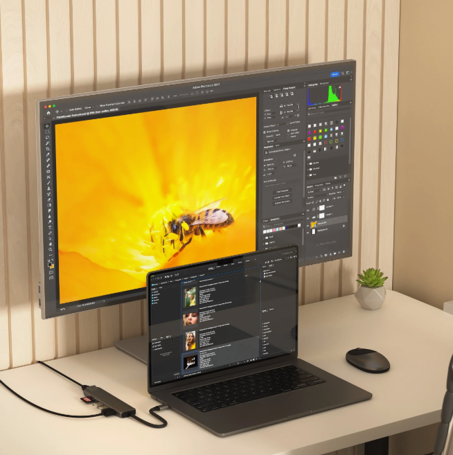 Ein Arbeitsplatz mit Laptop, Monitor und Maus.