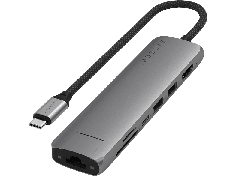 SATECHI ST-P7SM 7-in-1 USB-C Slim Multiport Adapter mit Ethernet, Space Grau; USB-C Docking Station