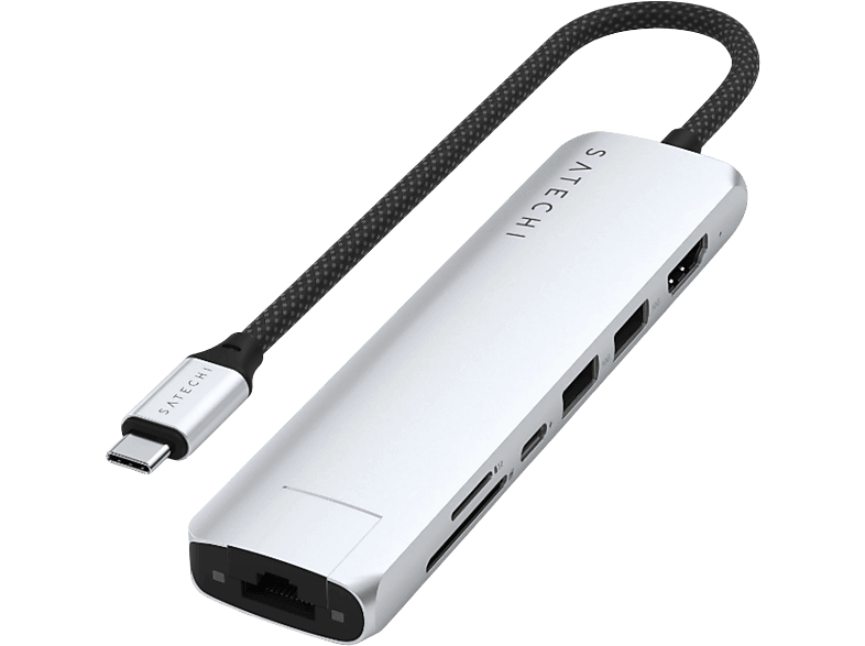 SATECHI ST-P7SM 7-in-1 USB-C Slim Multiport Adapter mit Ethernet, Silber; USB-C Docking Station