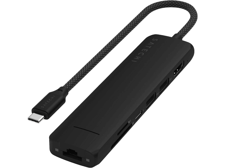 SATECHI ST-P7SM 7-in-1 USB-C Slim Multiport Adapter mit Ethernet, Schwarz; USB-C Docking Station