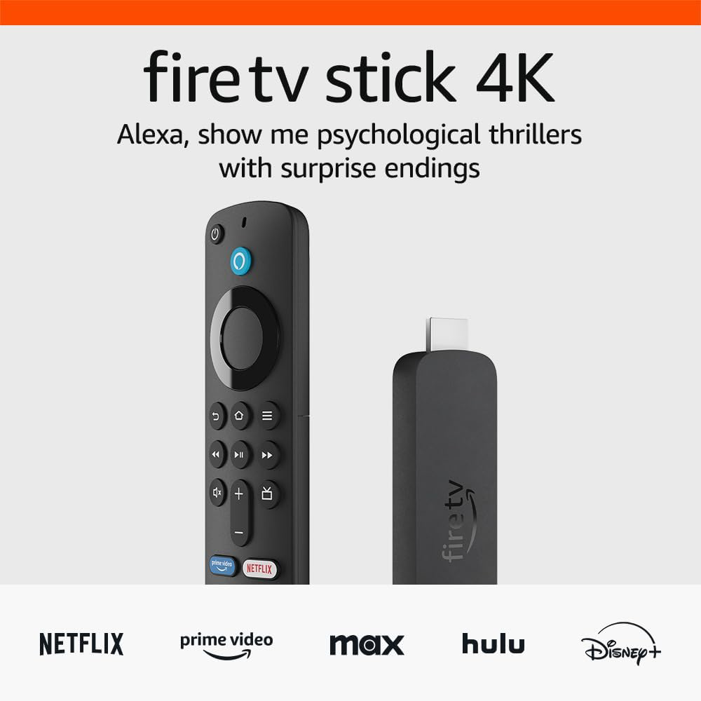 Fekete Fire TV Stick 4K távirányítóval és alkalmazás logókkal. Fekete háttér.