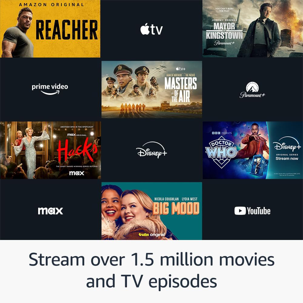 Több TV-műsor promóciós plakátja olyan logókkal, mint az Amazon Prime és a Disney+.