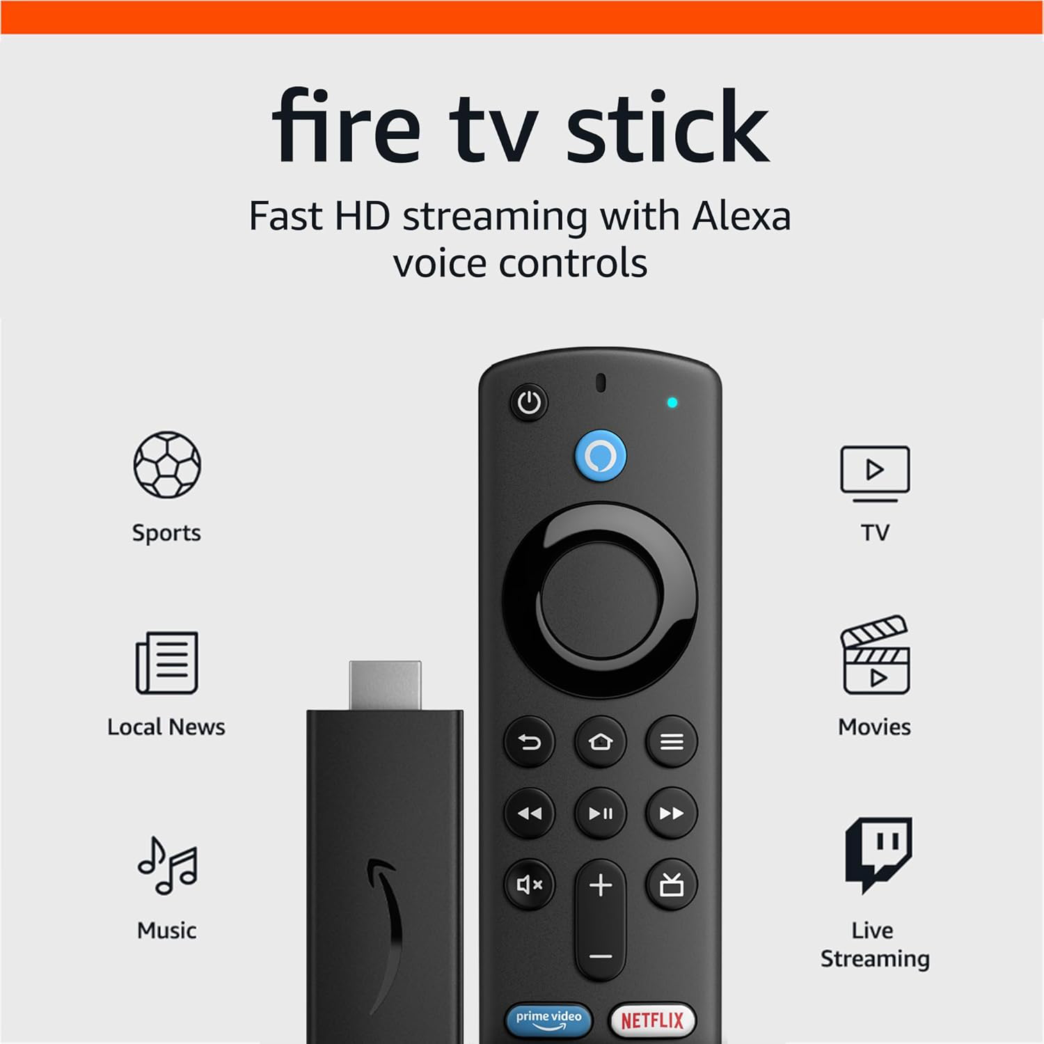 Fekete Fire TV Stick távirányítóval és alkalmazás ikonokkal, mint a Netflix.