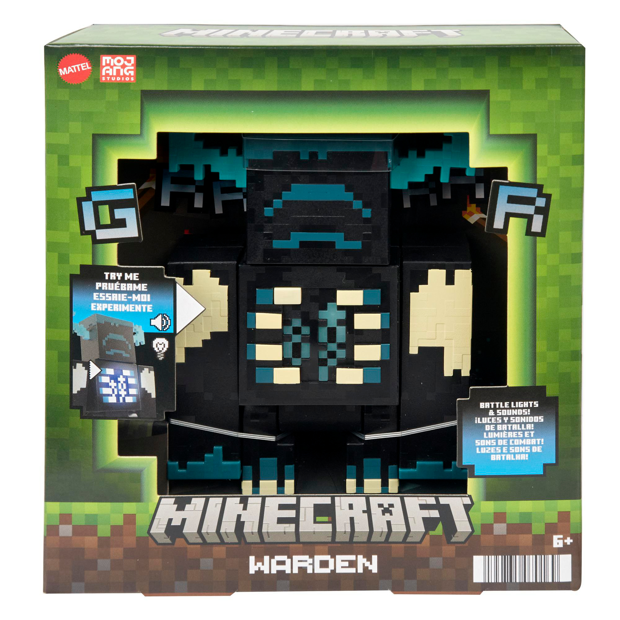 Minecraft Warden Spielzeug in einer Box mit grünem Hintergrund.