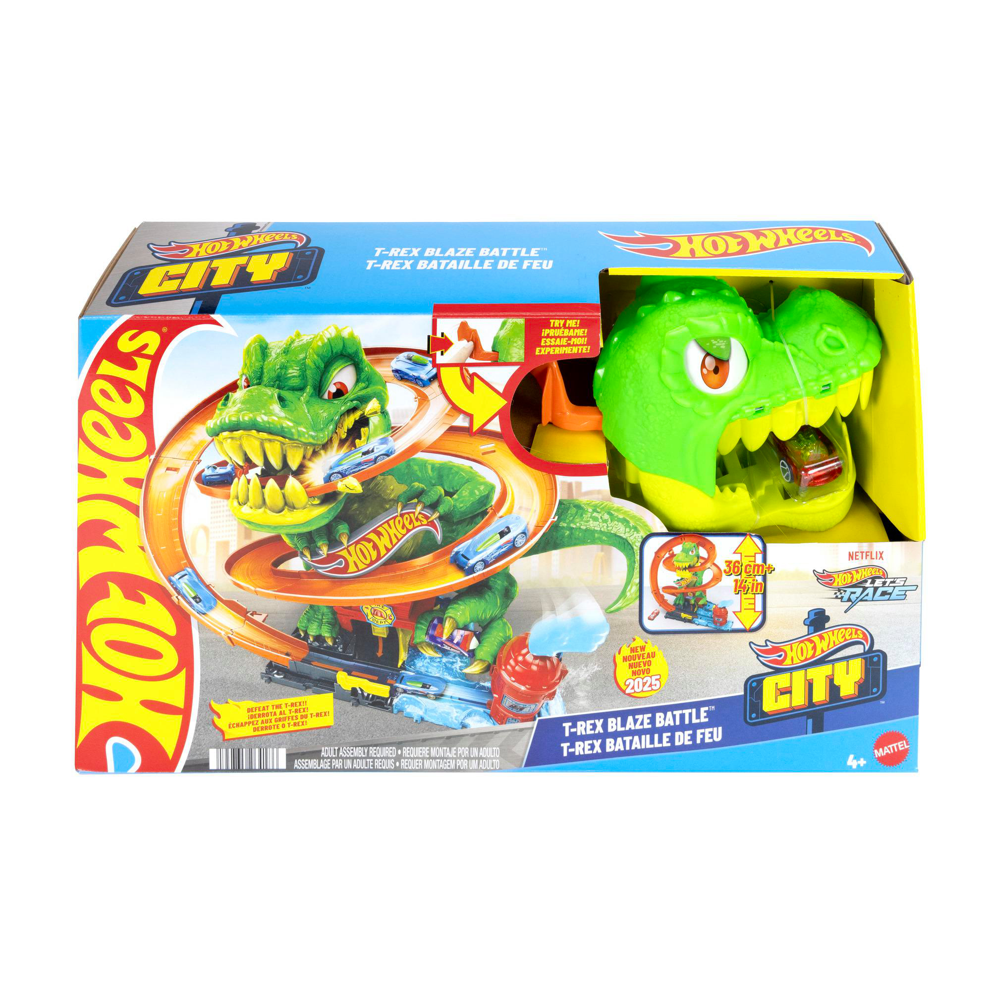 Hot Wheels Spielzeugset mit einem T-Rex und Autos.
