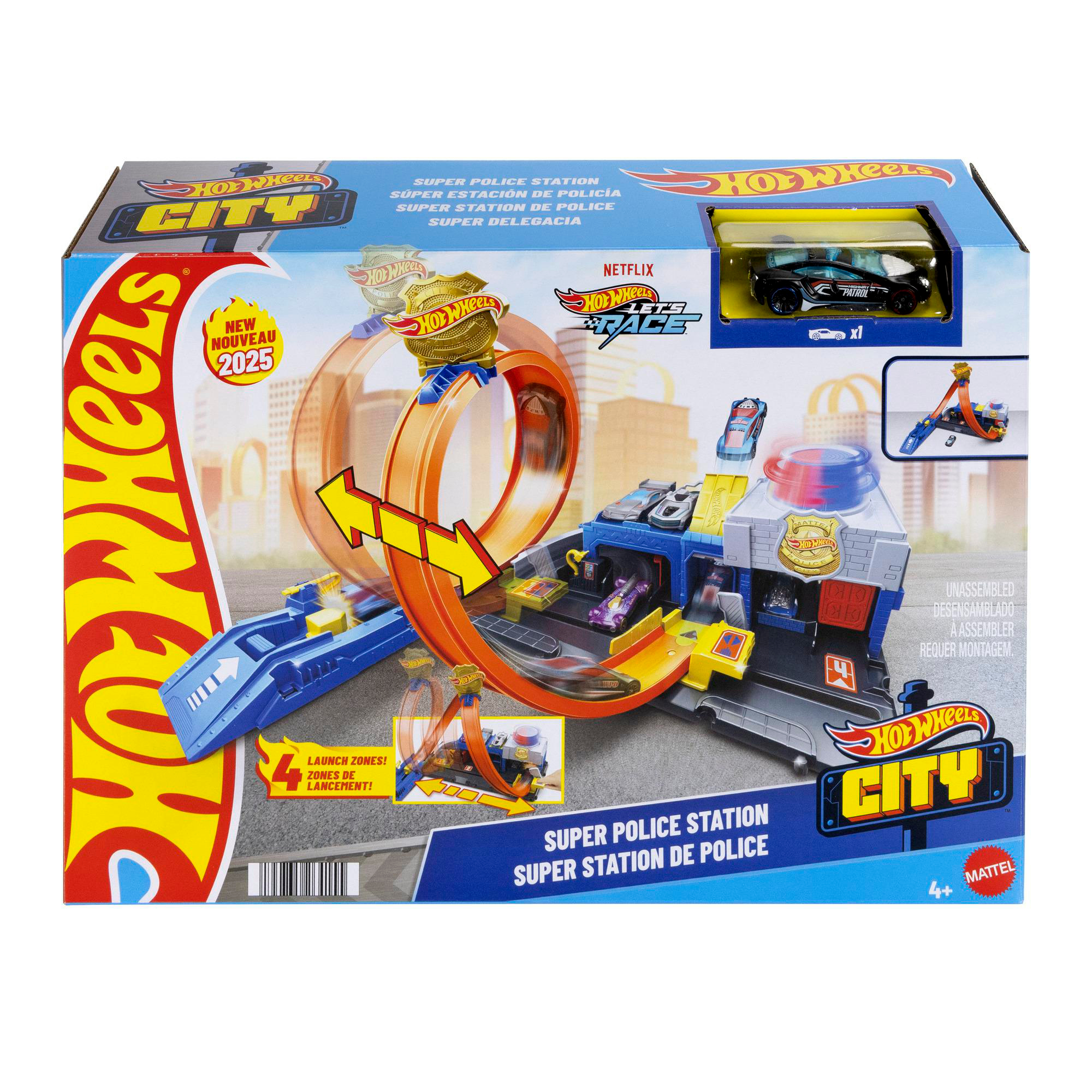 Hot Wheels City Super Police Station Spielzeugset-Box, mit Spielzeugauto und Strecke.