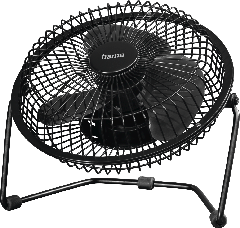 Fekete fém ventilátor, ketrecben, fekete háttérrel.