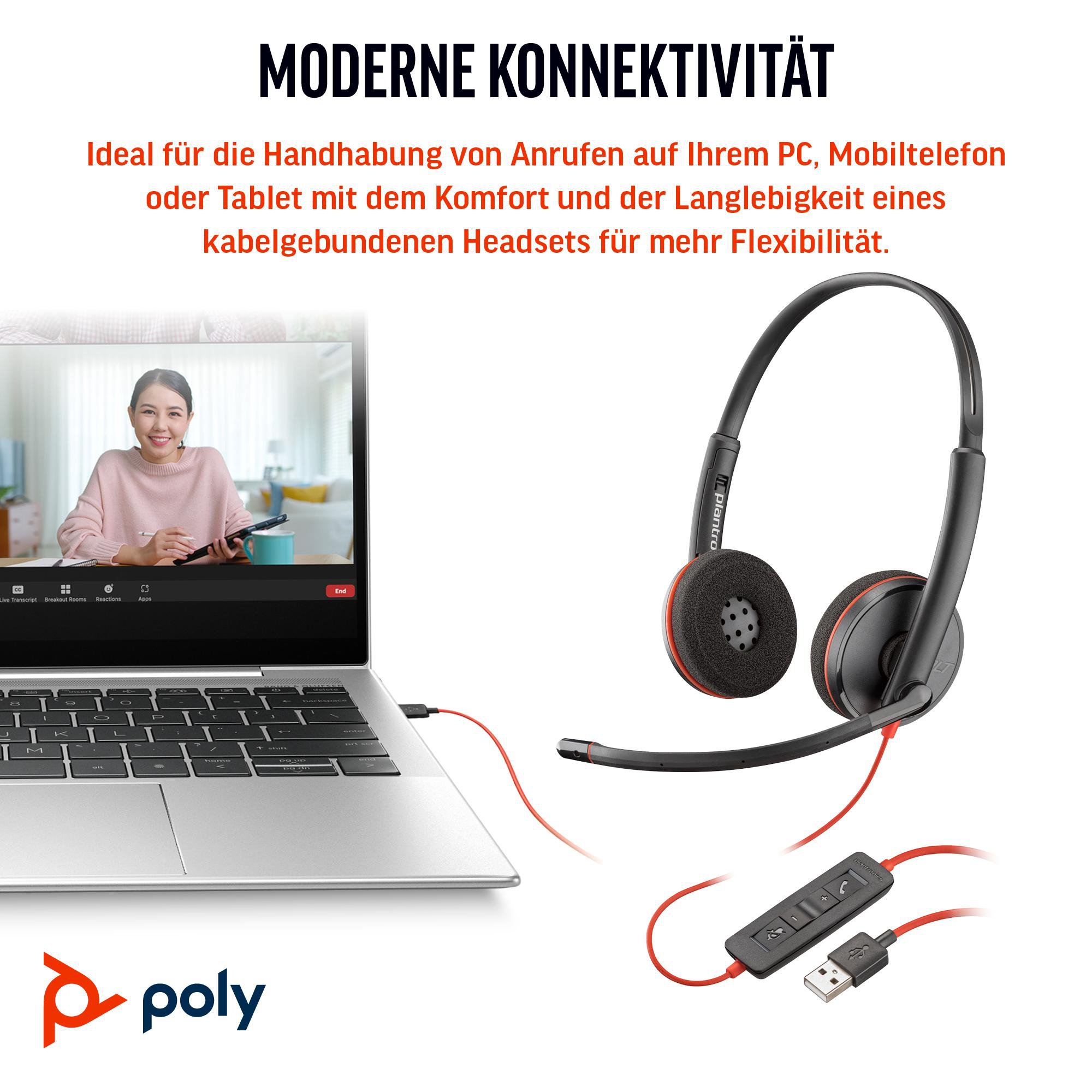 Ein Headset, das über ein USB-Kabel mit einem Laptop verbunden ist. Eine Frau ist auf dem Laptop-Bildschirm.