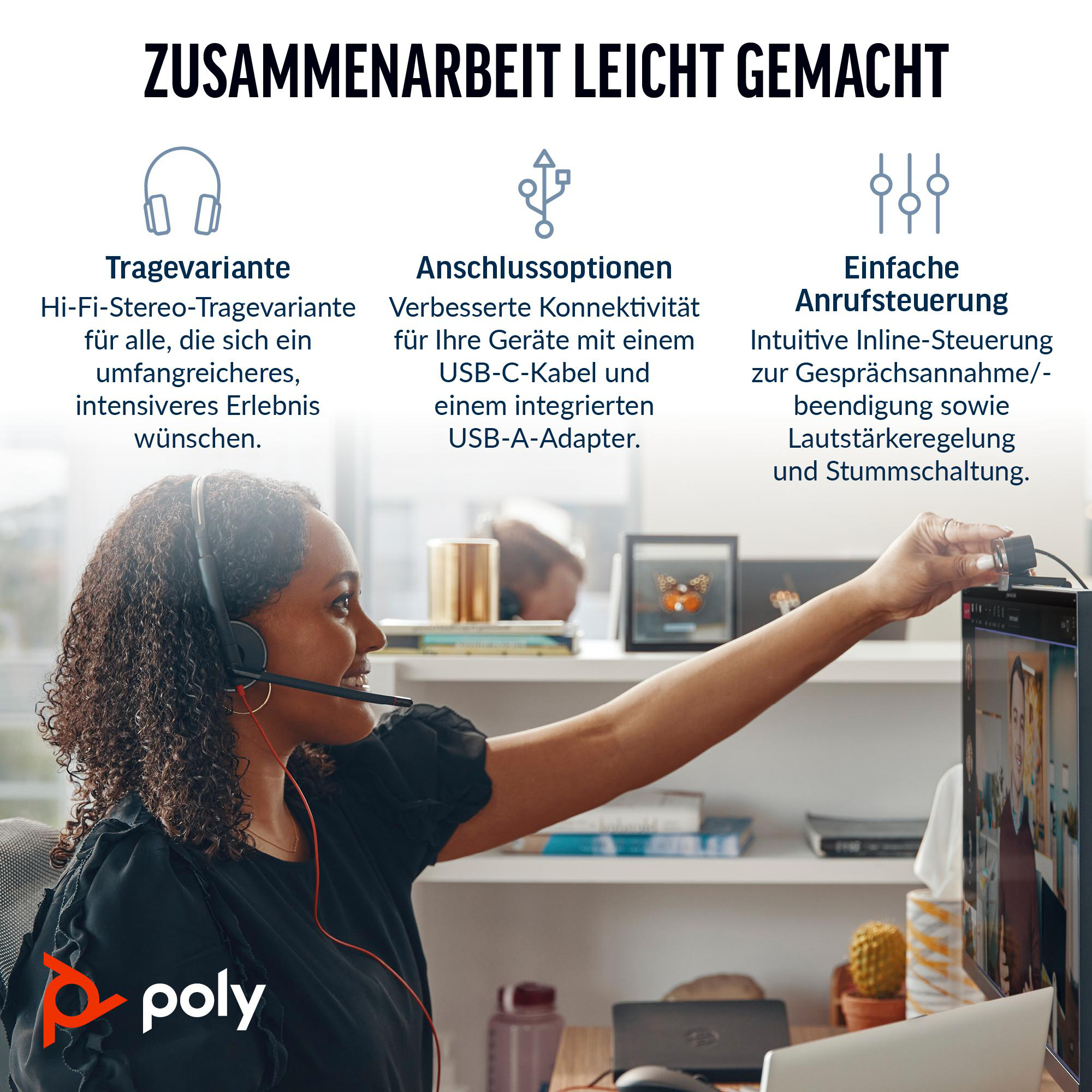Eine Frau benutzt ein Headset. Text: Zusammenarbeit leicht gemacht. Es hat einen USB-C & USB-A-Adapter.