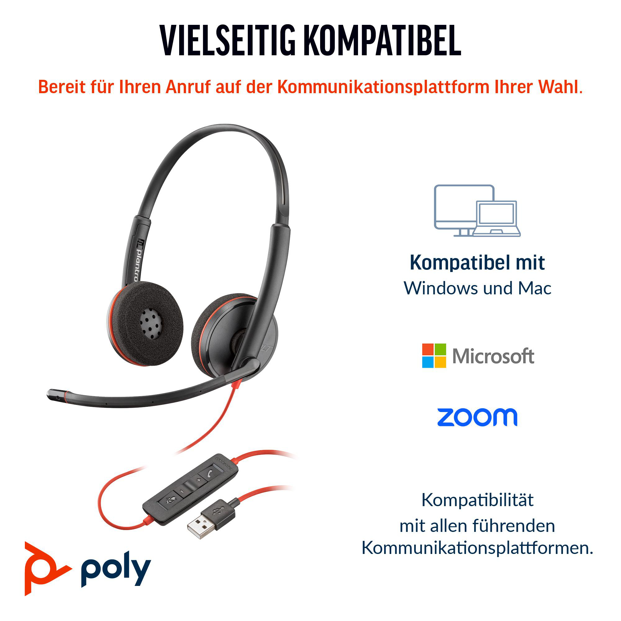 Ein schwarzes Headset mit roten Akzenten. Text: Vielseitig kompatibel. Kompatibel mit Windows und Mac.
