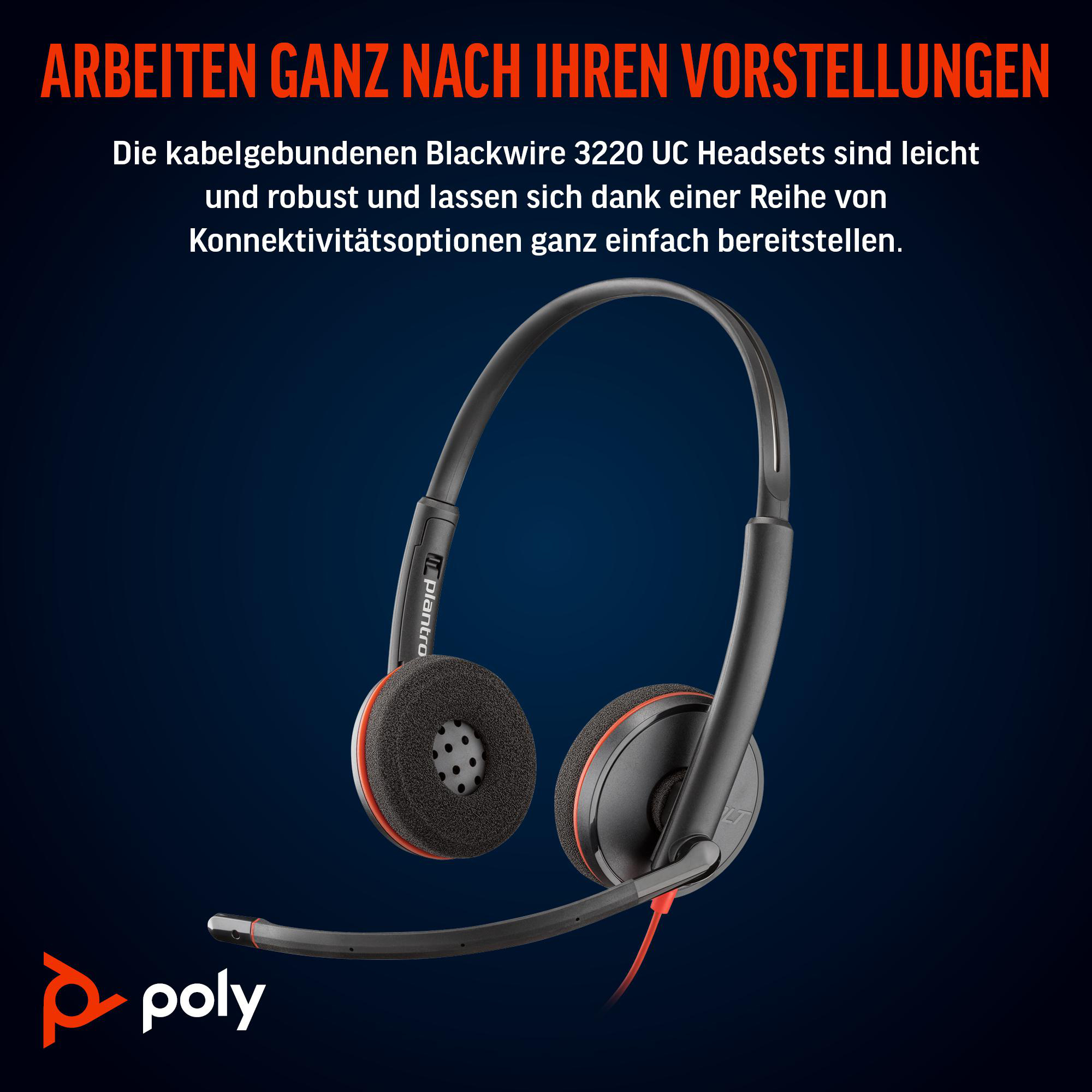Ein schwarzes Headset mit roten Akzenten. Text: Arbeiten Sie ganz nach Ihren Vorstellungen. Ein Headset und ein Mikrofon.