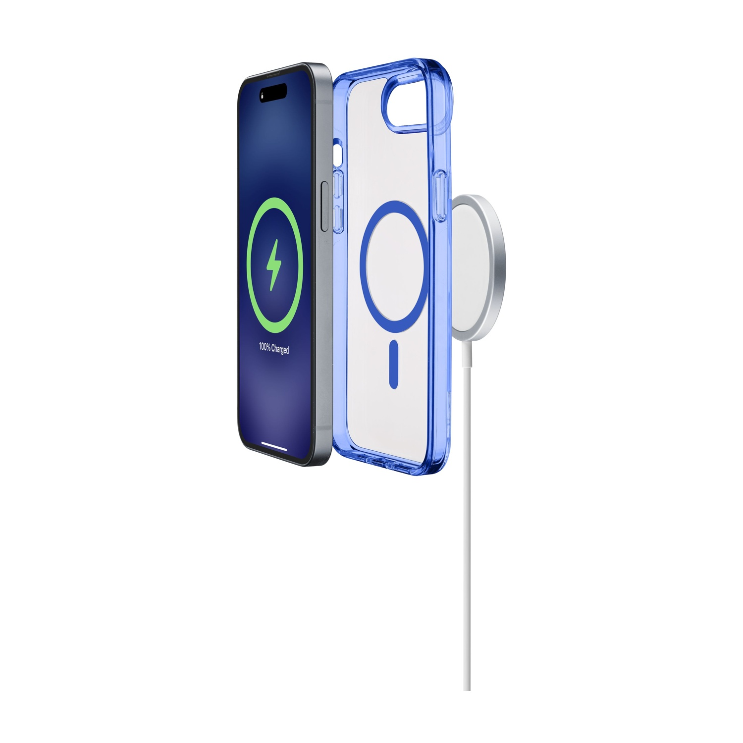 iPhone con custodia blu trasparente e caricatore MagSafe. Il telefono si sta caricando, con un fulmine verde.