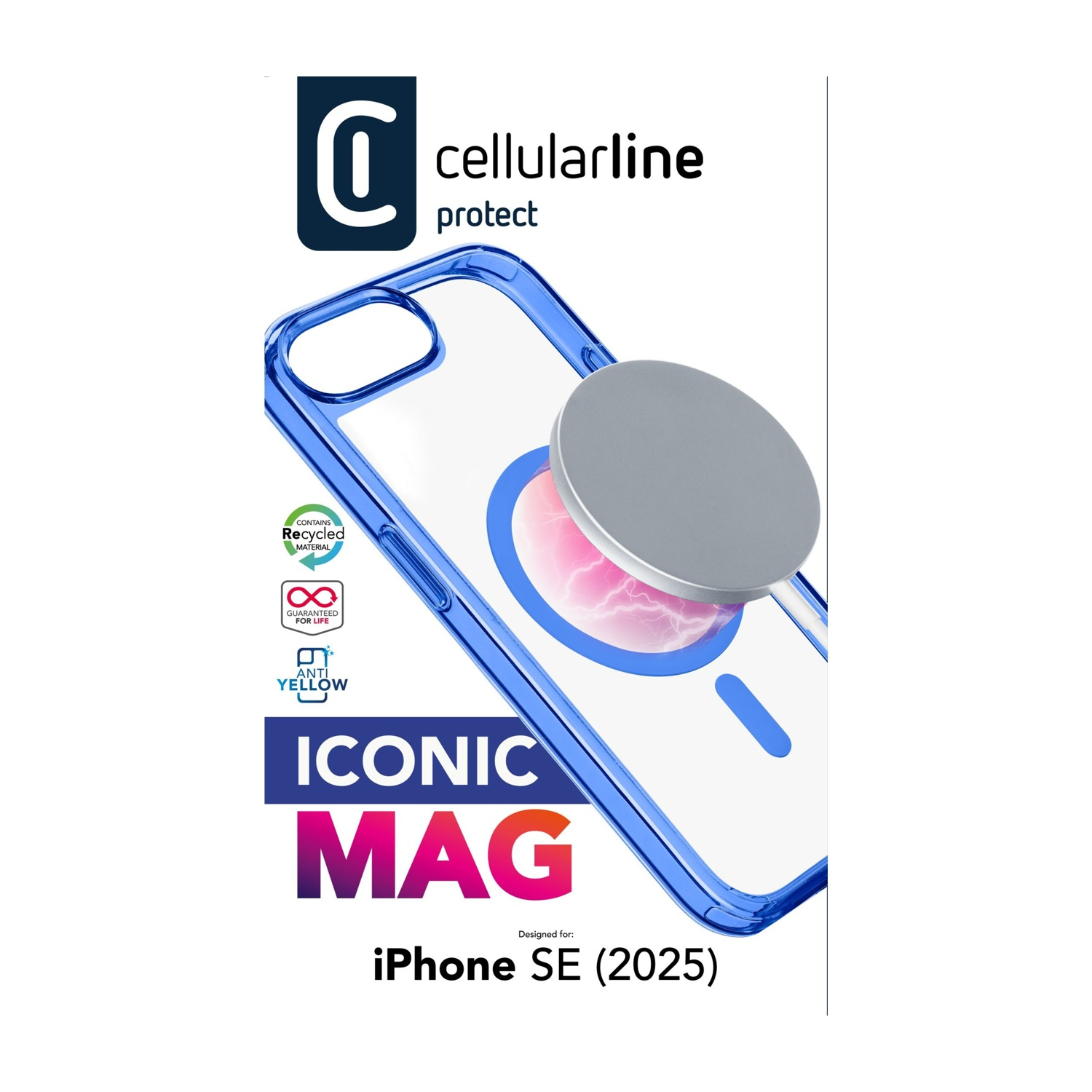 Custodia trasparente per telefono con cornice blu, cerchio argentato e testo 'ICONIC MAG'. Sfondo bianco.