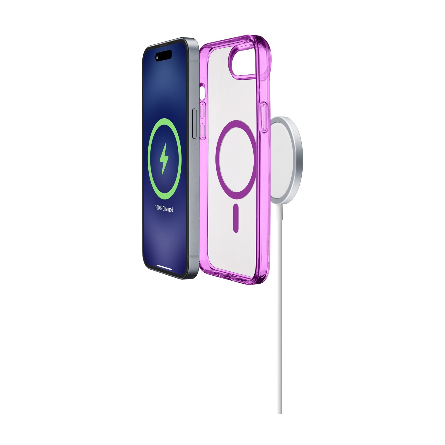 iPhone e una custodia rosa con un cerchio di ricarica bianco. Il telefono mostra un'icona di ricarica. Sfondo bianco.