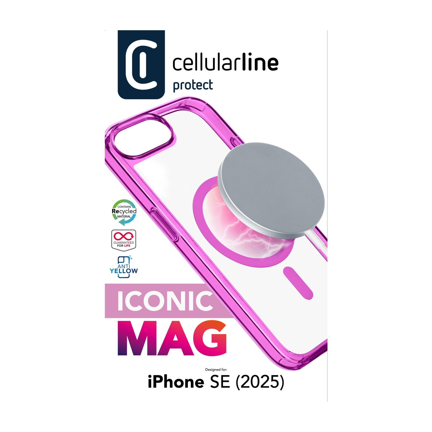Una custodia rosa Cellularline per iPhone con disco MagSafe argentato, testo della confezione visibile.