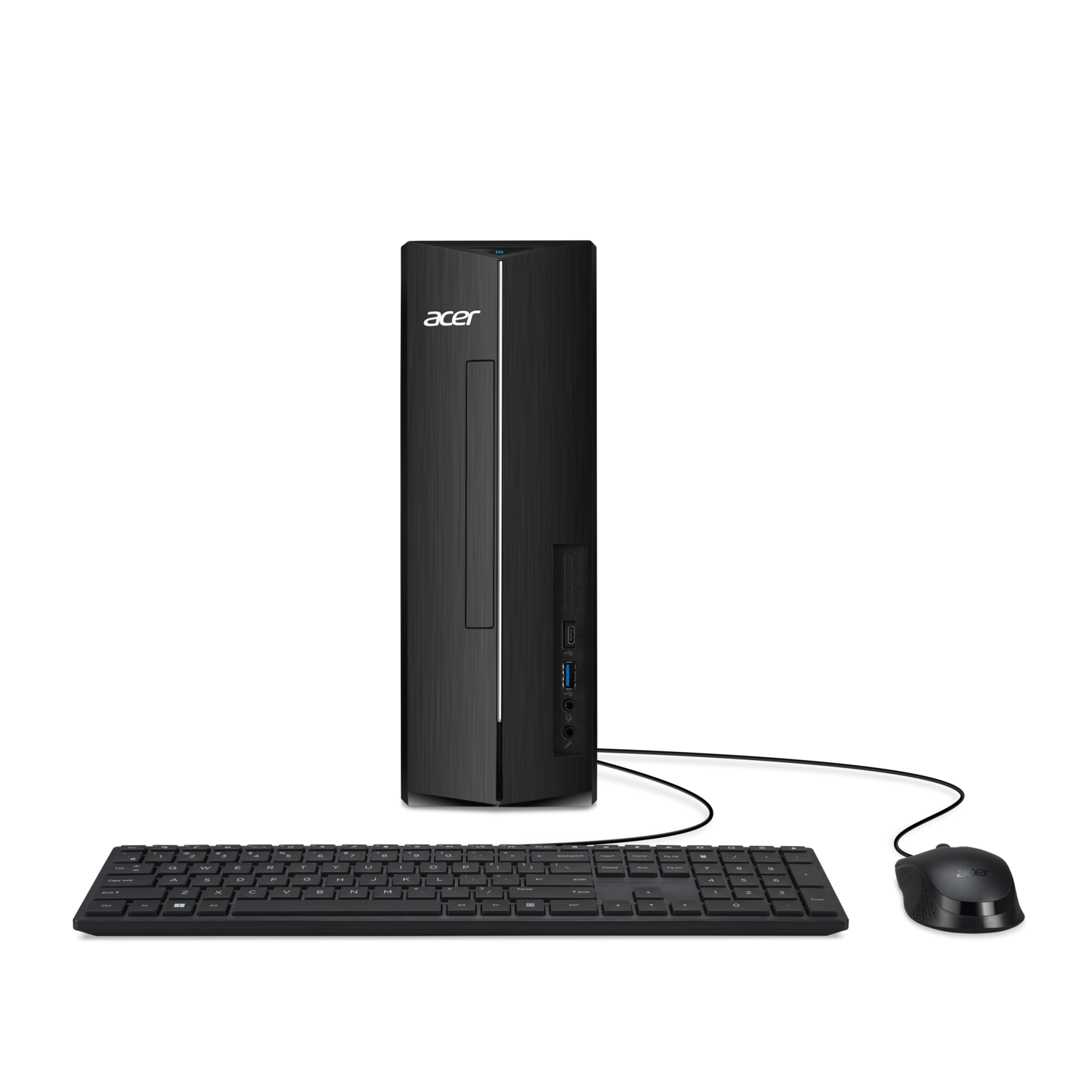 Black Acer computer with a keyboard, mouse, and ports on the side.