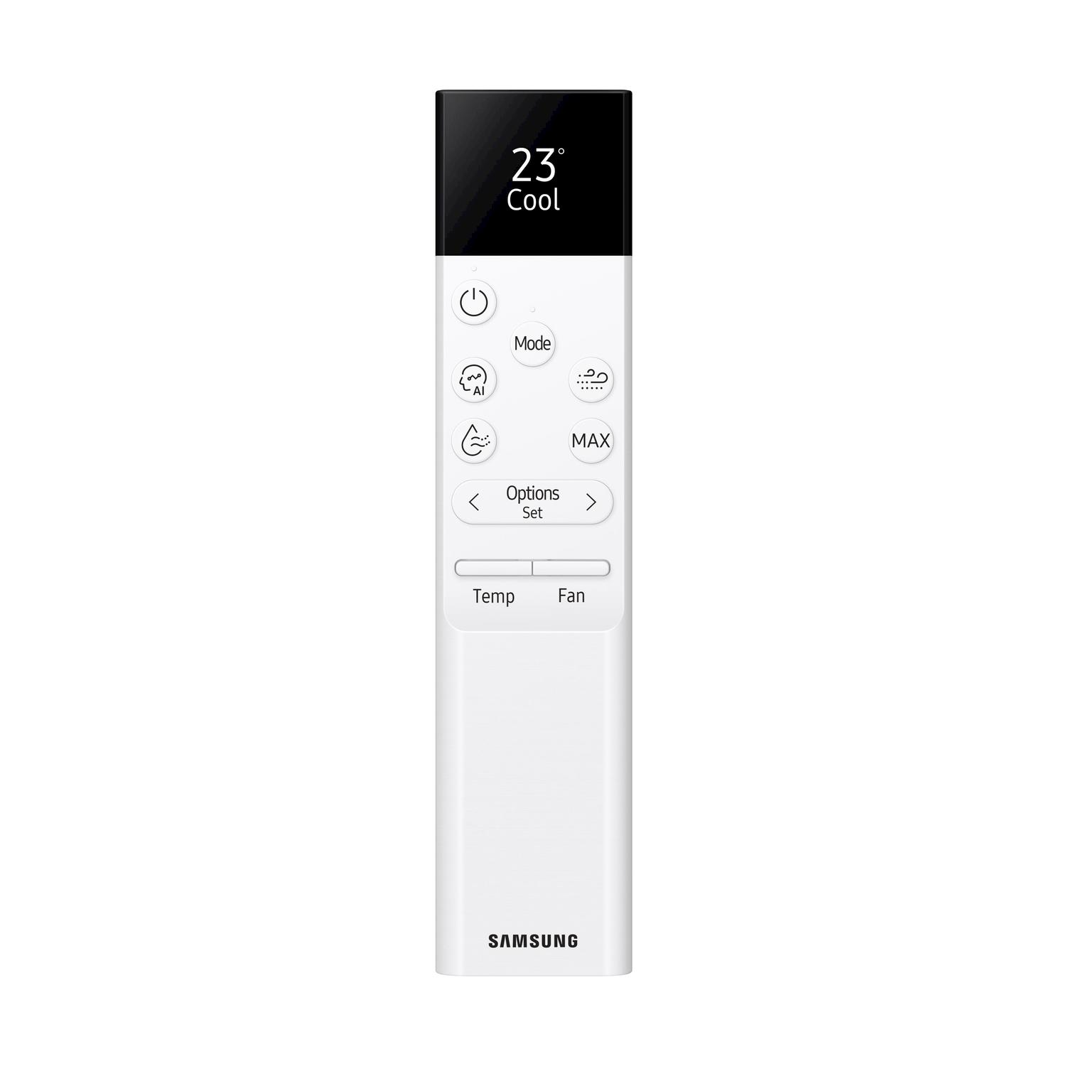 Un telecomando Samsung bianco con uno schermo nero che mostra la temperatura e le opzioni.