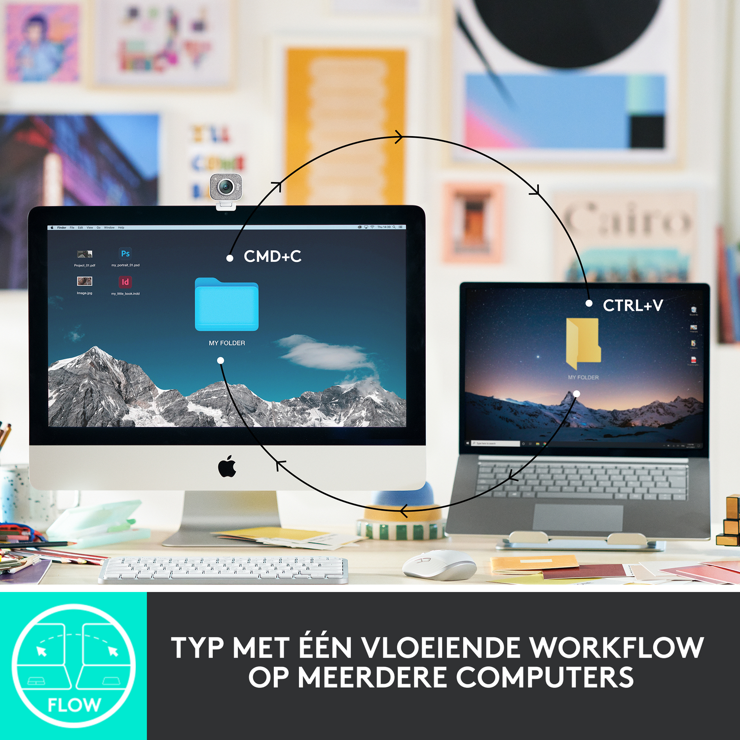 Two computers show copy/paste workflow. Desktop and laptop with keyboard and mouse. Colorful art in background.