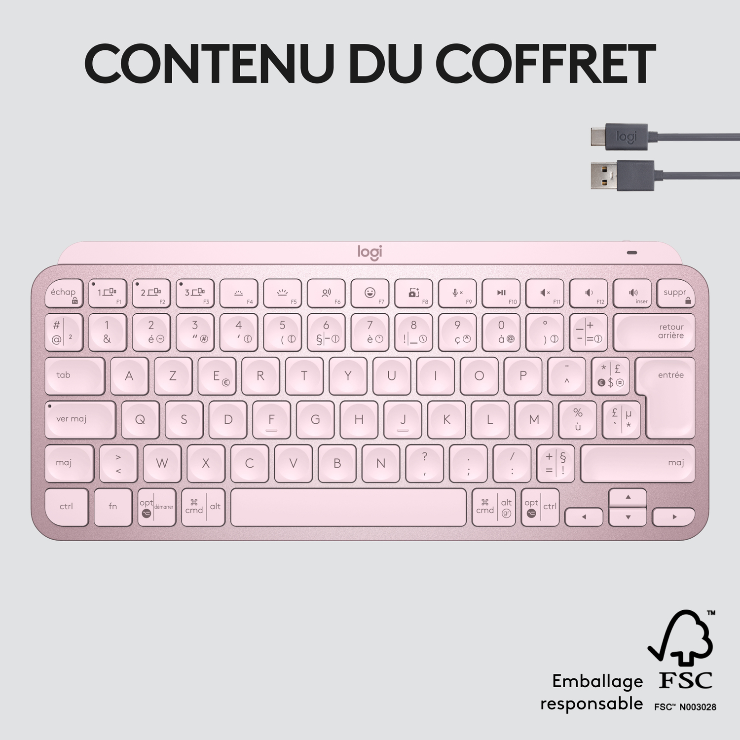 Clavier Logitech rose, avec câble USB-C. La boîte dit 'CONTENU DU COFFRET'.
