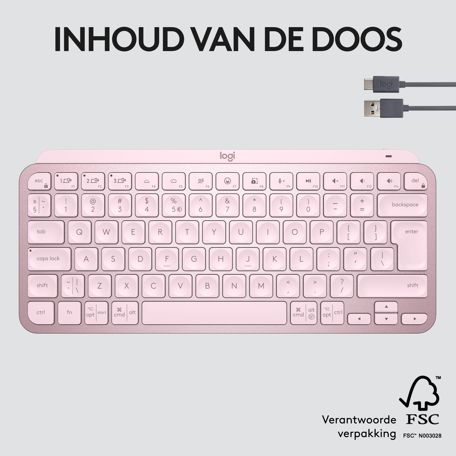 Roze Logitech-toetsenbord met een roze achtergrond.