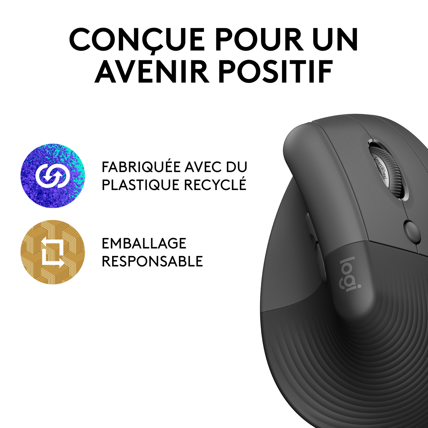 Souris noire avec logos recyclage et emballage responsable.