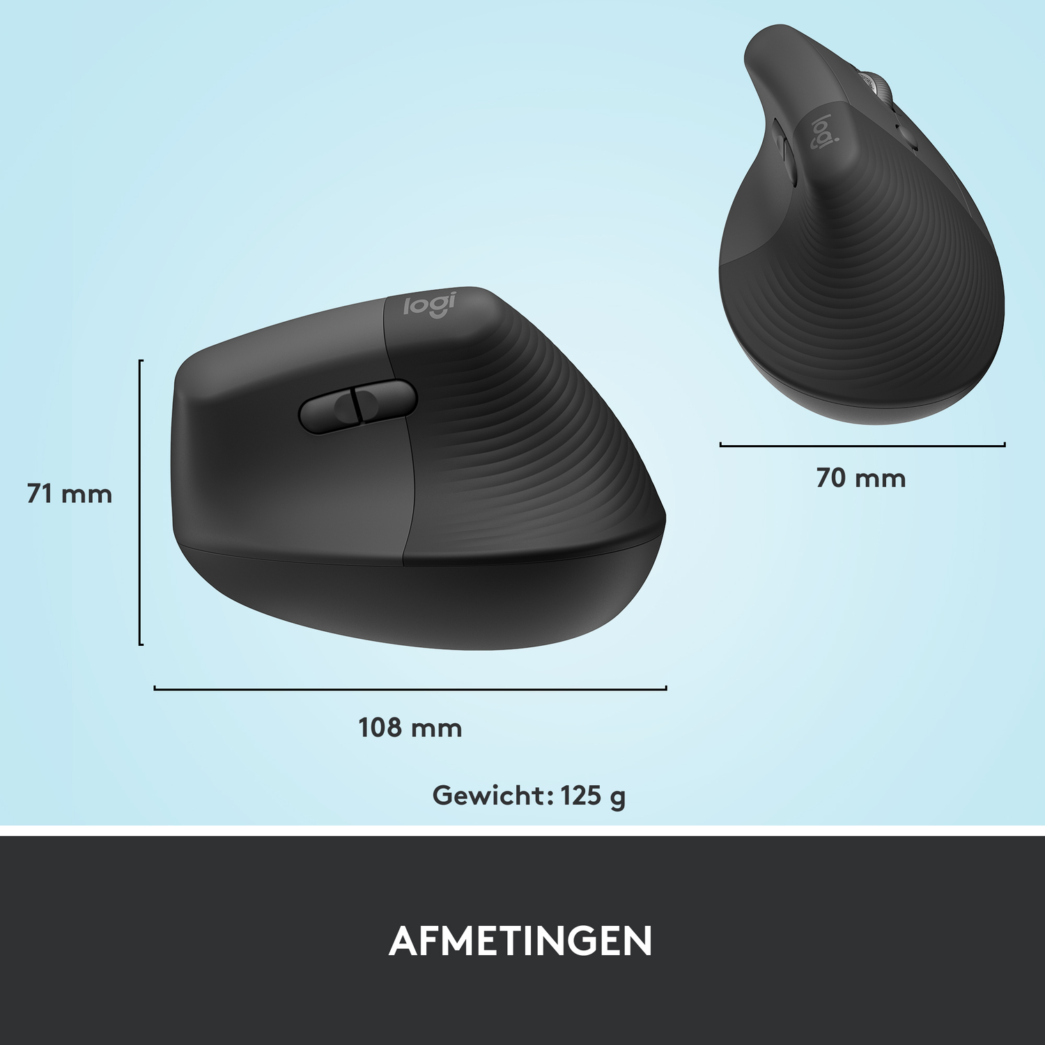 Black mouse, dimensions shown: 108mm x 71mm x 70mm, weight: 125g.