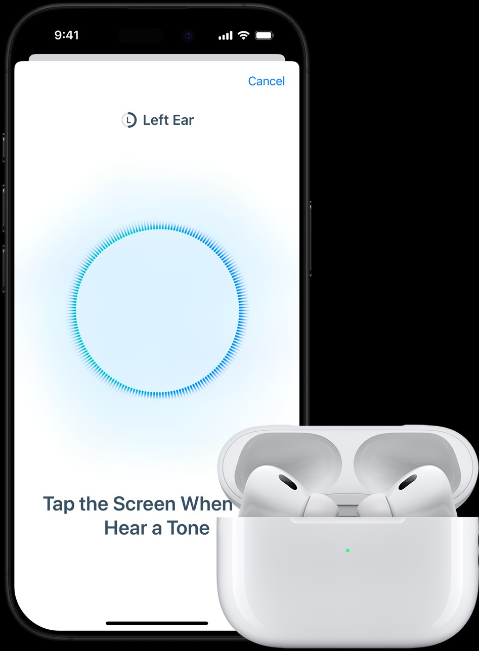 A person using an iPhone with AirPods, the screen shows the left ear setup.