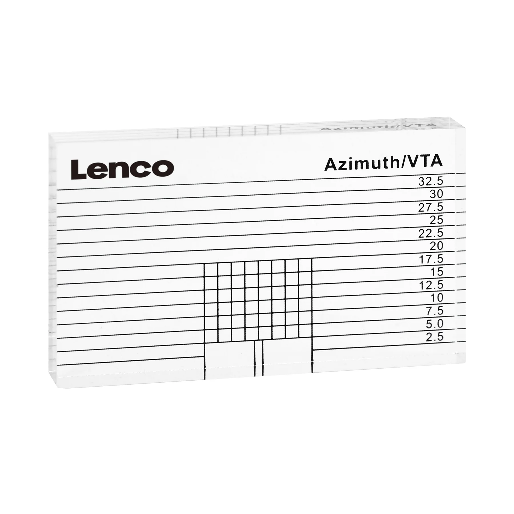 Ein weißes und schwarzes Werkzeug mit einem Lineal. Text: Lenco. Zahlen und Linien zur Messung.