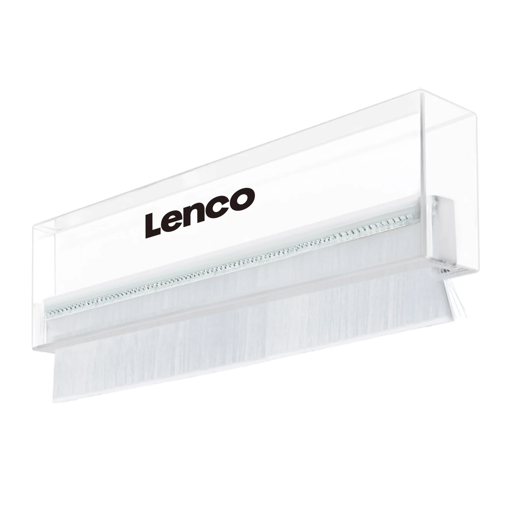 Transparenter Lenco-Plattenreiniger mit Markennamen auf der Vorderseite.