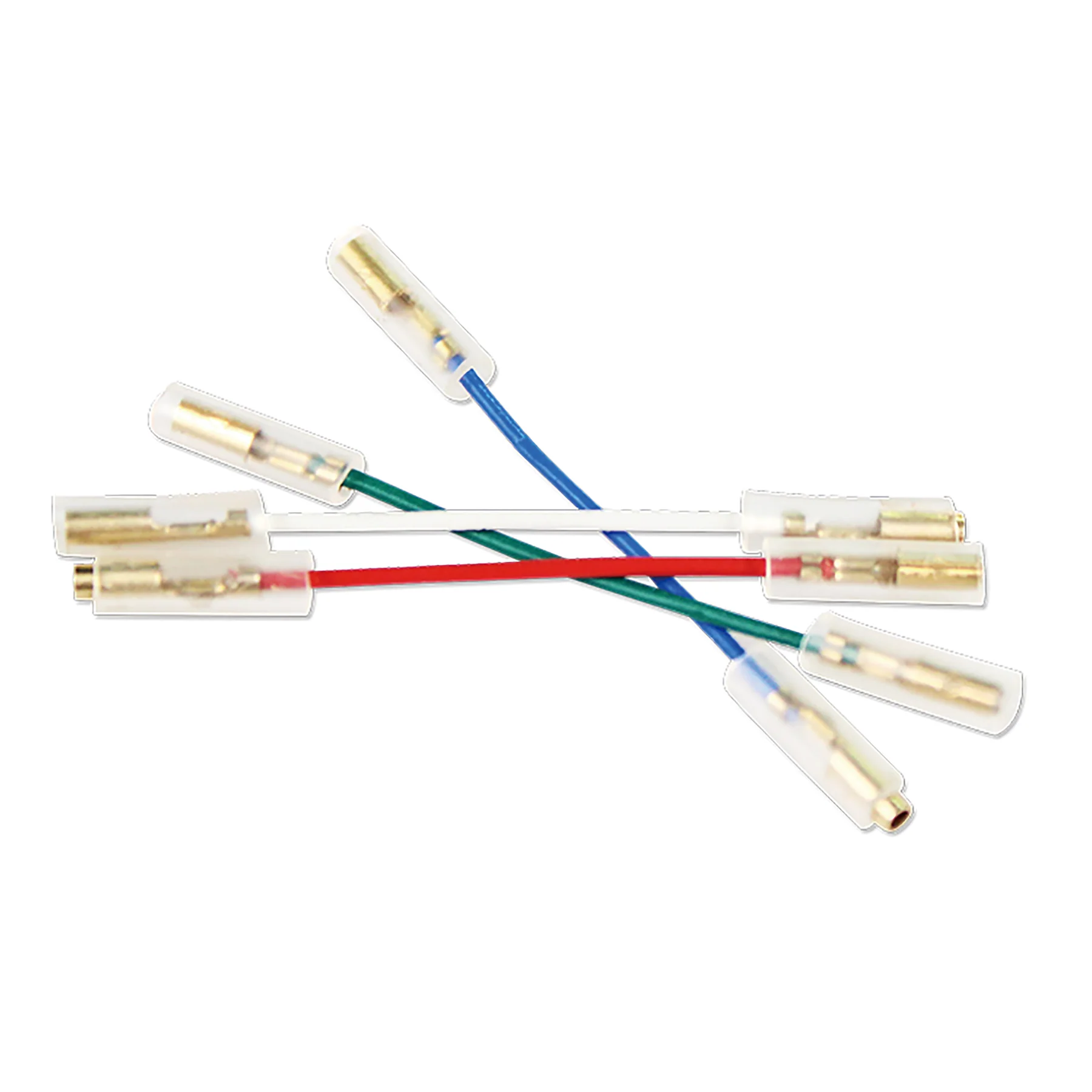Eine Sammlung elektrischer Drähte mit Steckern in einer kreuzweisen Anordnung.