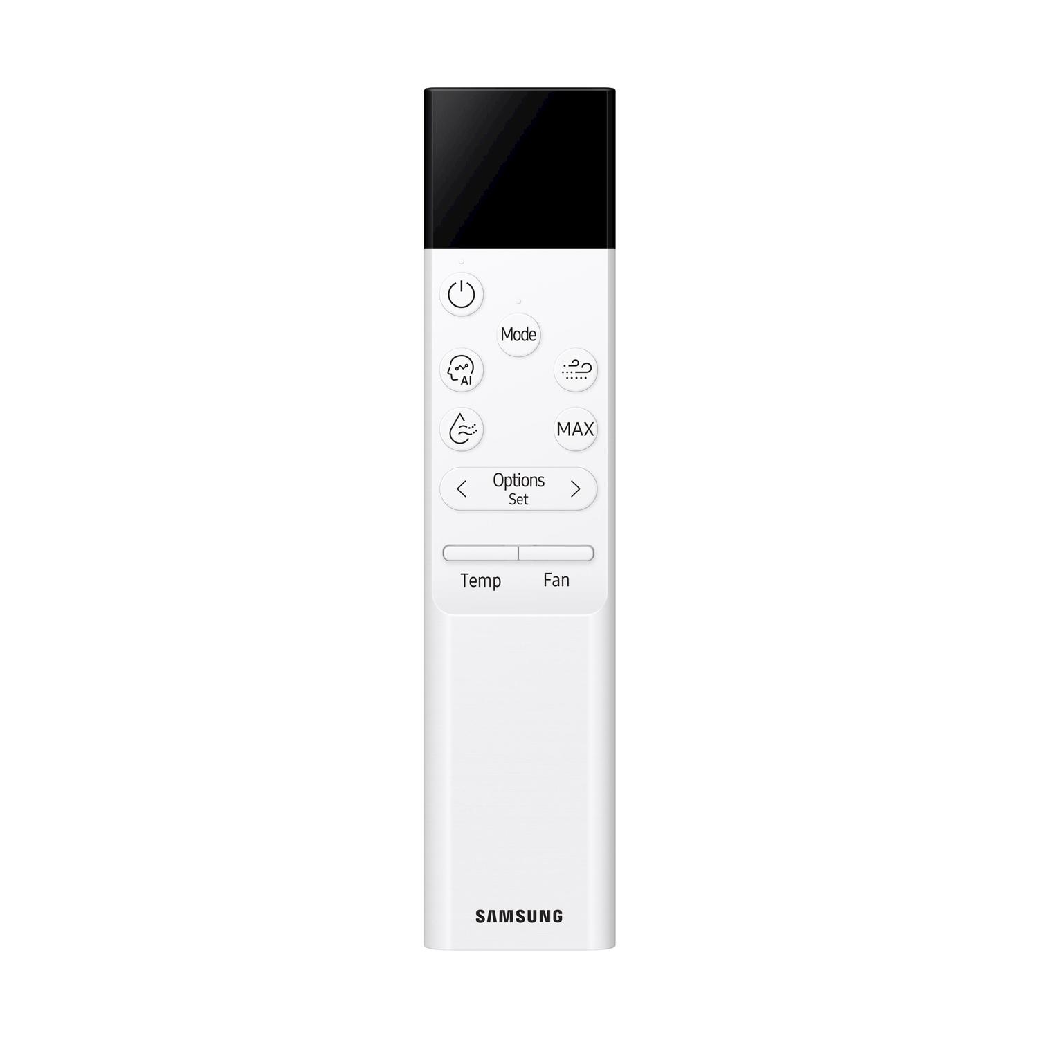 Un telecomando Samsung bianco con display nero e vari pulsanti.