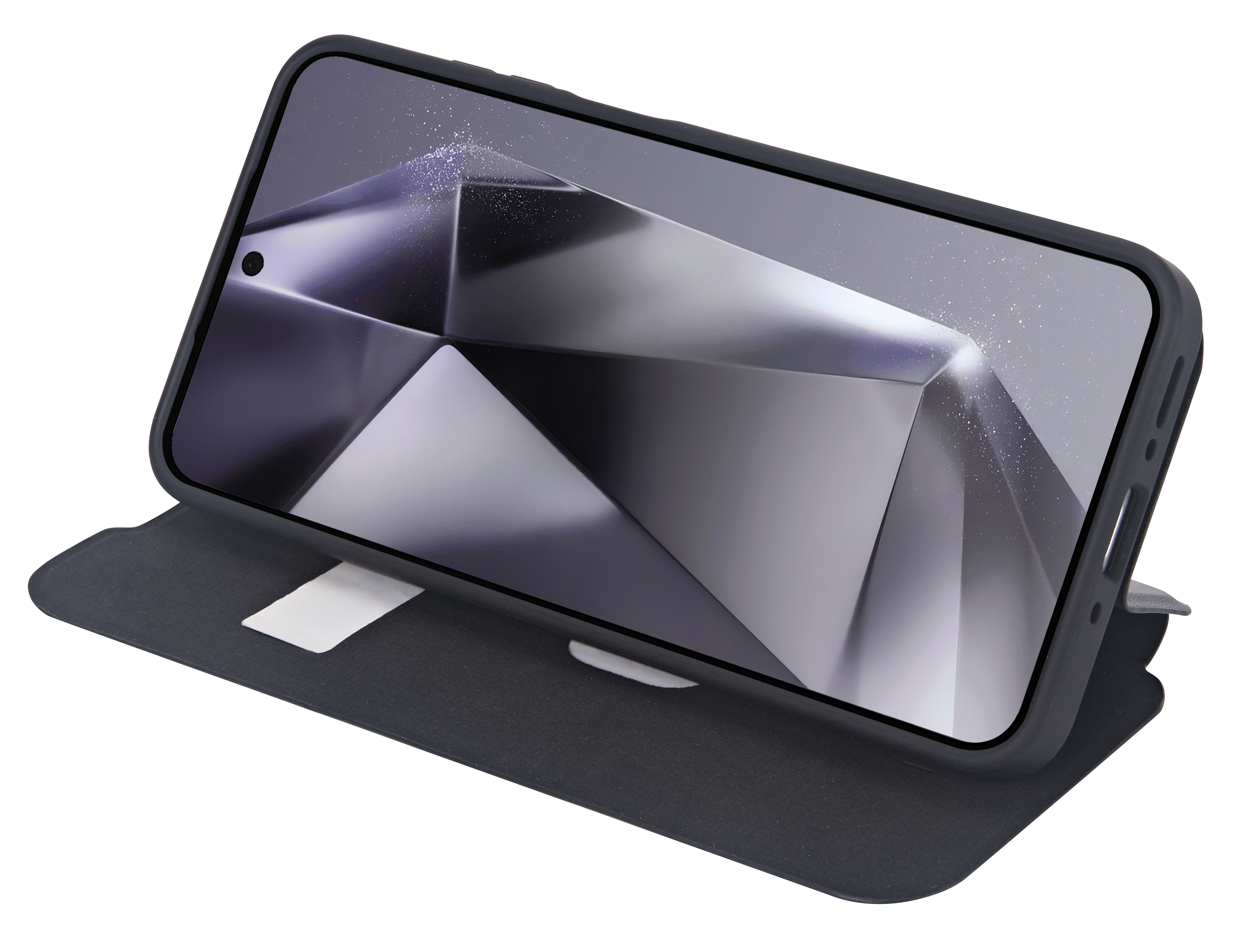 Telefon in Hülle. Der Bildschirm zeigt ein graues, abstraktes, geometrisches Design.