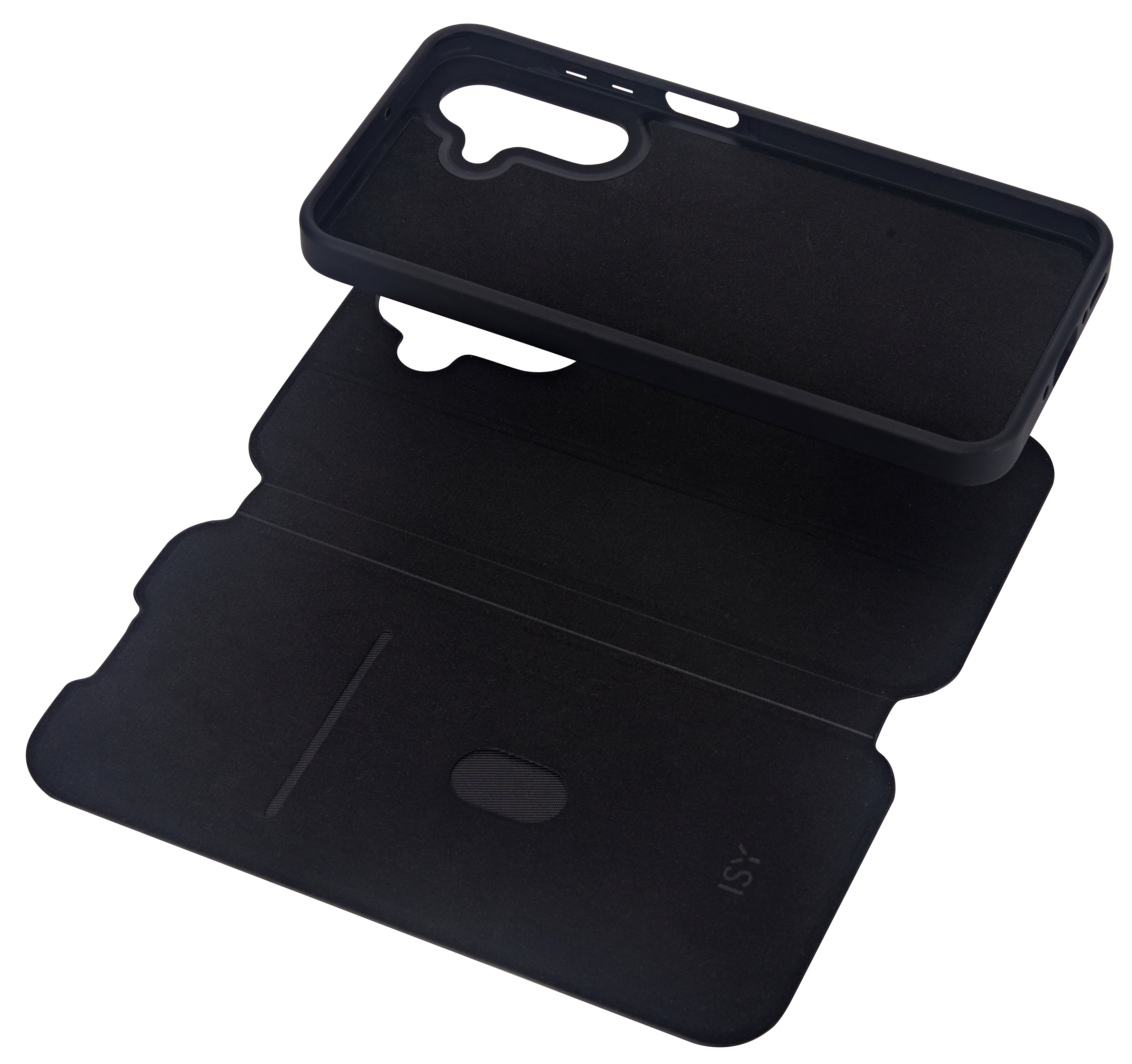 Schwarze Handyhülle mit offener, schwarzer Brieftaschen-Abdeckung.
