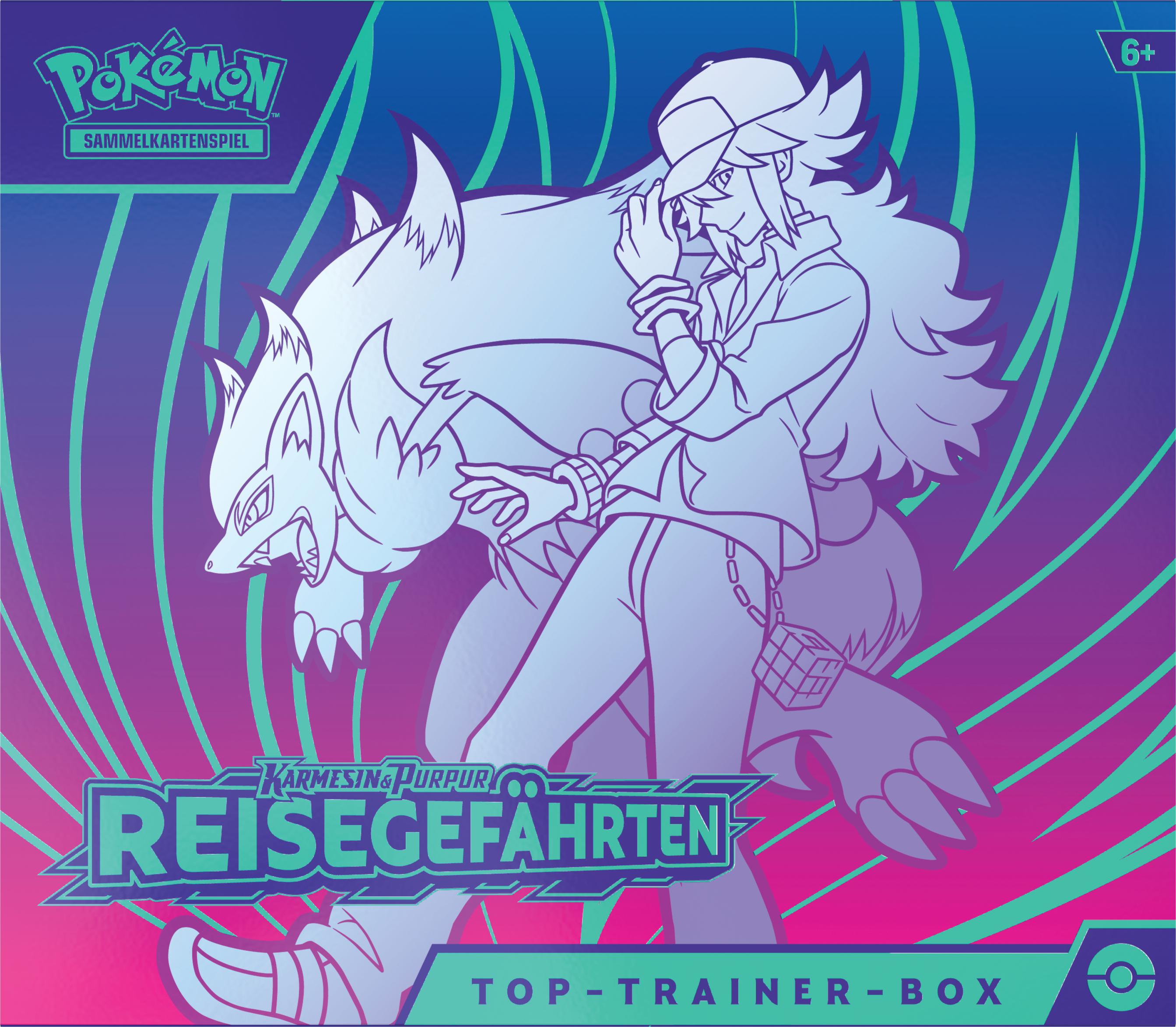 Eine Pokémon-Box. Eine Person und ein wolfsähnliches Wesen auf einem rosa/blauen Hintergrund.