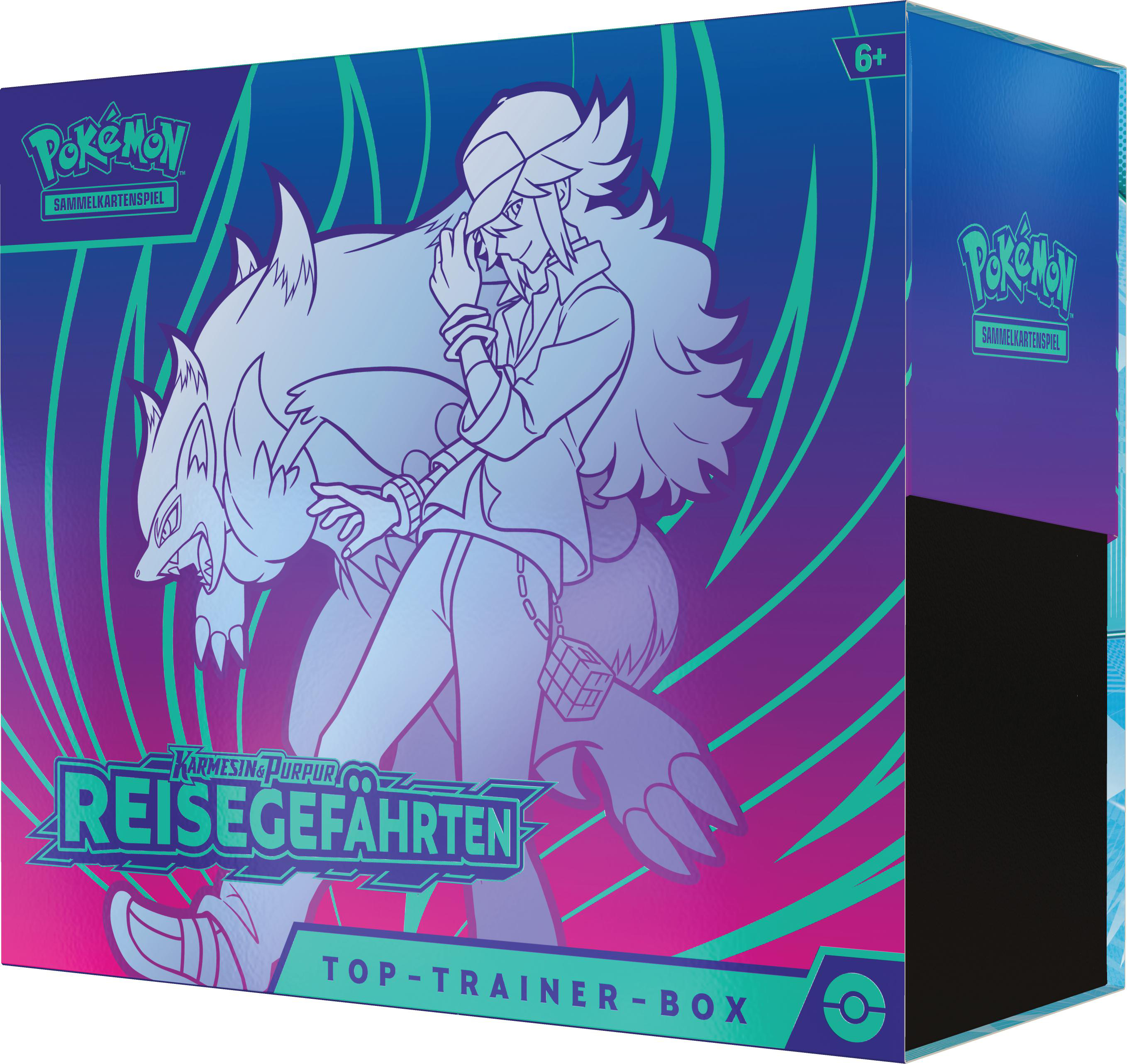 Eine Pokémon-Box. Eine Person und ein wolfsähnliches Wesen auf einem rosa/blauen Hintergrund.
