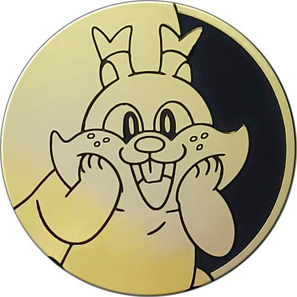 Eine goldfarbene Münze mit einem Comic-Chipmunk-Design. Der Hintergrund ist ein halb schwarzer, halb goldener Kreis.