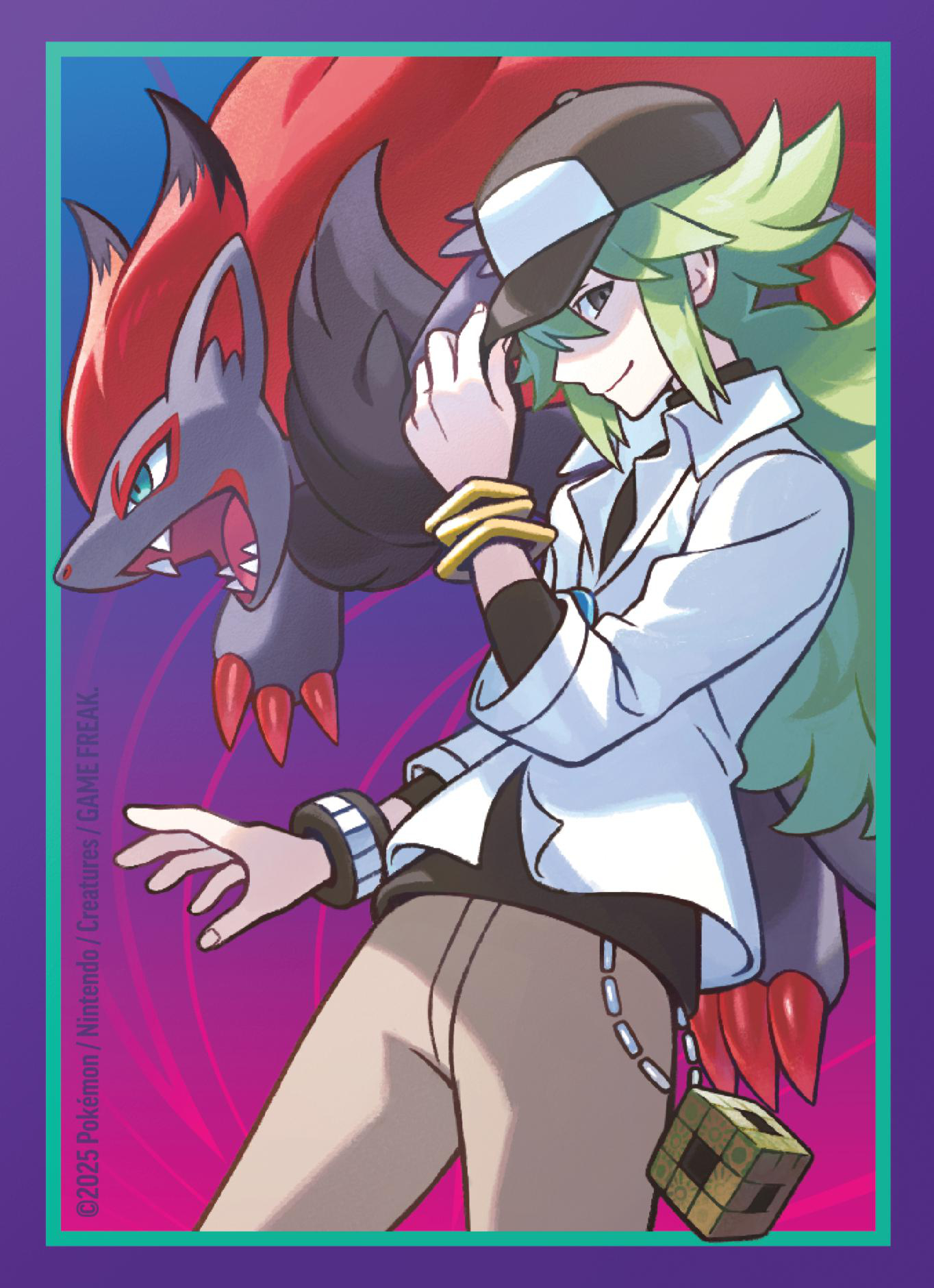 Pokemon-Karte mit einem Mann und einer rot-schwarzen Kreatur.
