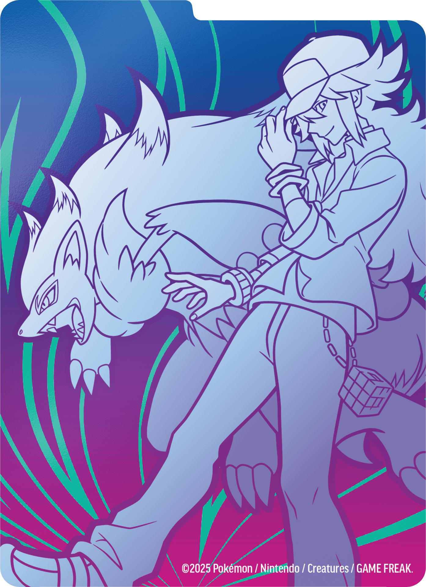 Illustration eines Mannes und eines wolfsähnlichen Wesens in Blau und Lila.